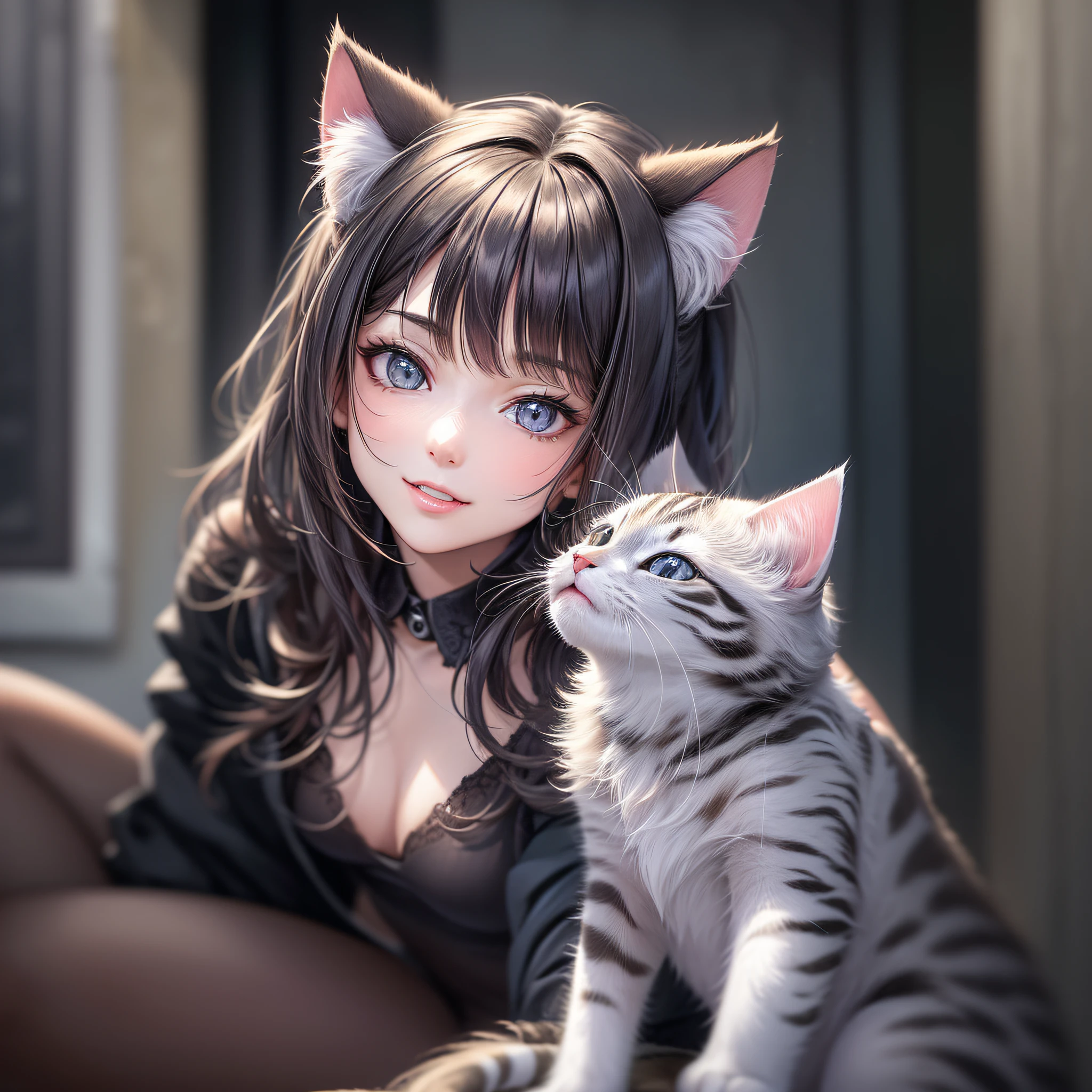 Best quality, high resolution, clear images, (many (detailed) kittens) and a lady: 1.3), focus on cats, small (detailed) cats around girls, background is back alley, detailed sunlight, sitting, girl looking at the audience, front view, (cat looking at the audience: 1.2), (happy: 1.3), (kitten), she is standing