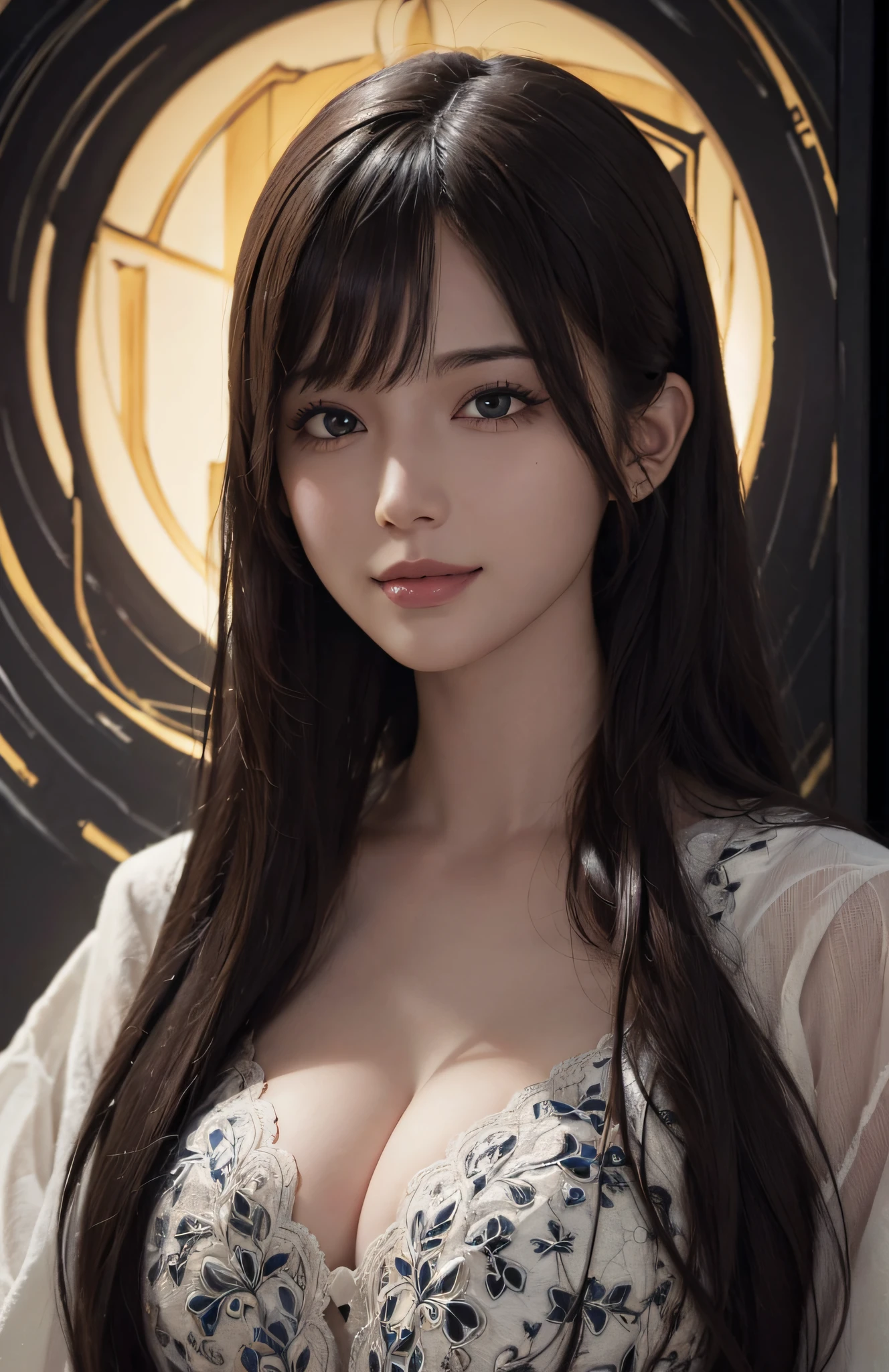 (Ultra Realistic), (Illustration), (Increased Resolution), (8K), (Extremely Detailed), (Best Illustration), (Beautiful and Detailed Eyes), (Best Quality), (Ultra Detailed), (Masterpiece ), ( wallpaper), (detailed face), solo, 1 girl, looking at viewer, fine details, detailed face, in the dark, deep shadows, low key, pureerosfaceace_v1, smiling, long hair, black shawl straight hair , 46 points oblique bangs