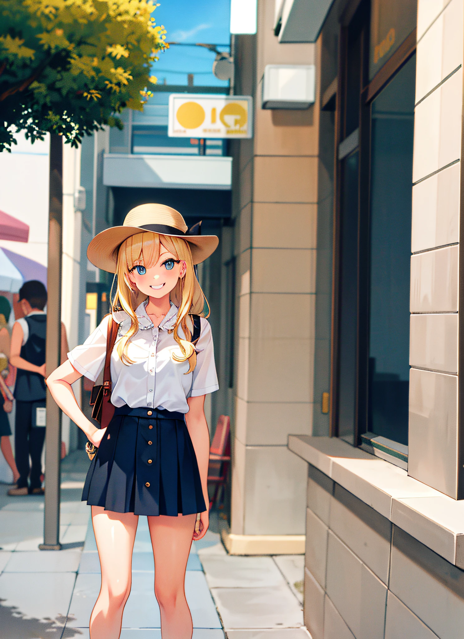 (day), one girl, one, looking viewer, (downtown), cowboy shot, smile, blonde,summer,skirt
