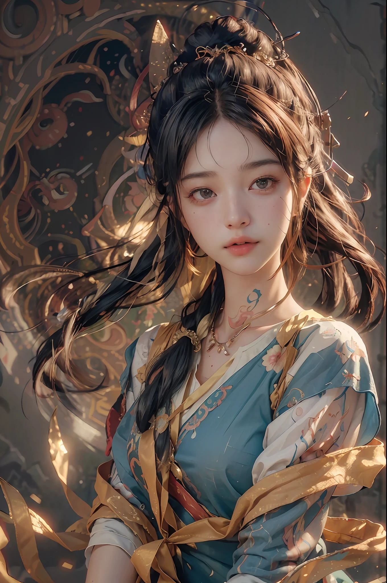 (RAW photo, best quality), (realistic, photo-realistic:1.3),best quality,highly detailed,masterpiece,ultra-detailed,illustration,1girl,upper_body,dynamic angle,world masterpiece theater,messy_long_hair,best quality,extremely detailed CG unity 8k wallpaper,ink,Amazing,cinematic lighting,lens_flare, dunhuang_style