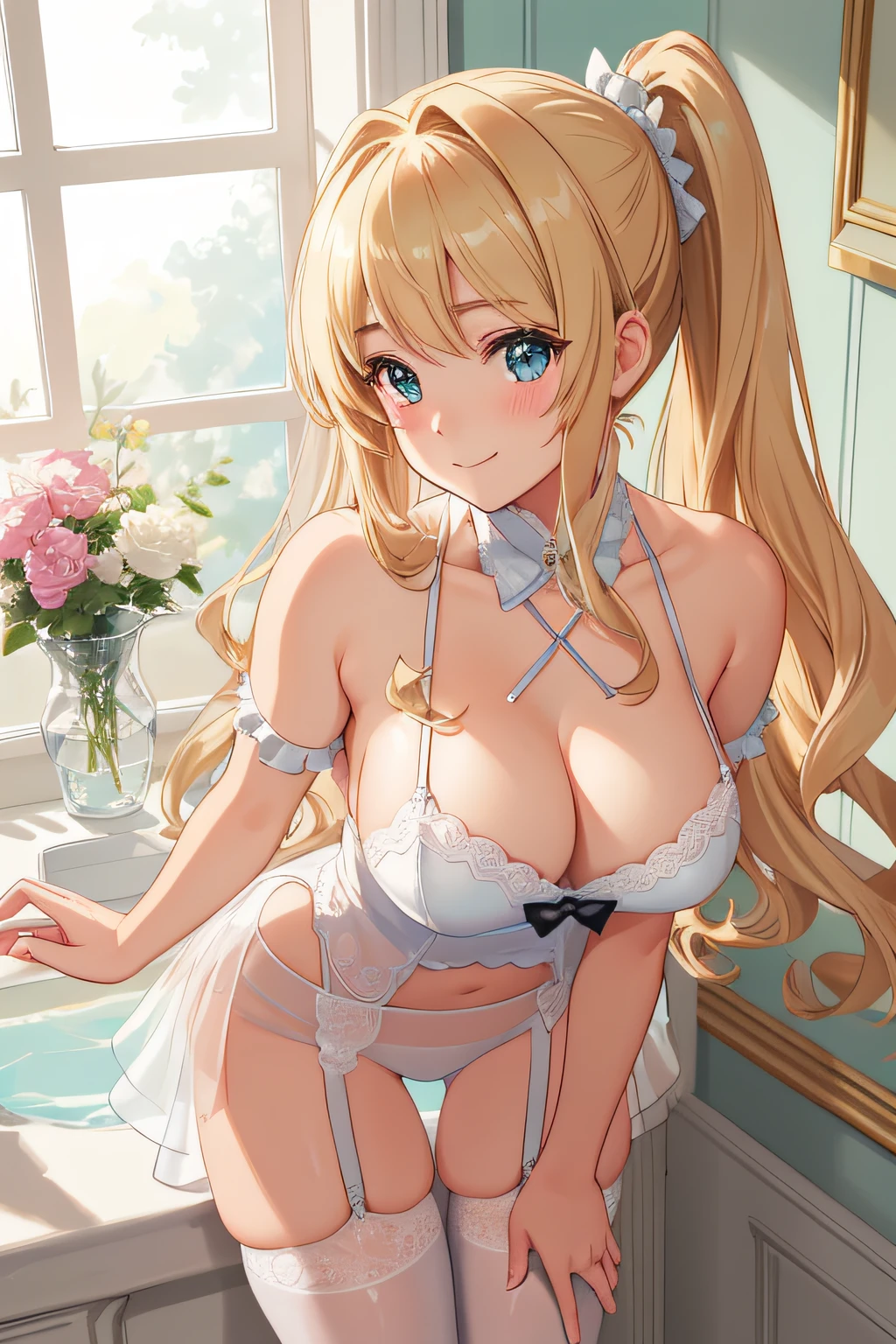 Masterpiece, solo, high detail, super detail, super high res, (photorealistic: 1.333), (highest quality), (best shadow), detailed, perfect lighting, shinny blonde hair, thin, missy hair, wide hips, portrait, in bath room, white see-through underwear with garter belt, 16 years old, anime style, crouching, big breasted, teary eyes,　Bending forward, leaning forward, blushing Smiling gently, Looking into the viewer, Crouching and looking back