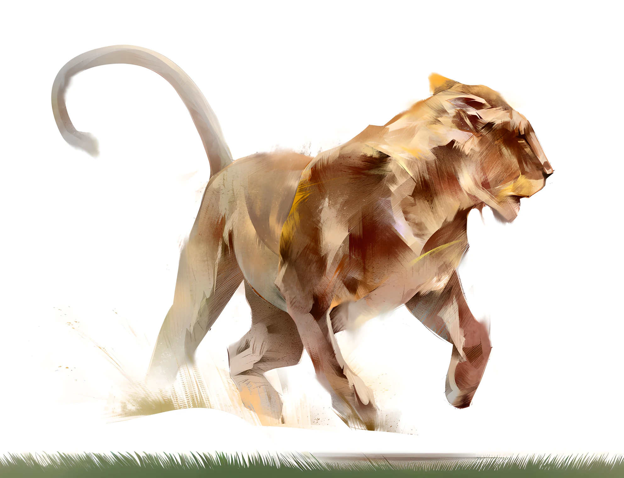 painting of a lion running in the grass with a white background, smilodon, lioness, painterly illustration, sabertooth cat, 2 d full body lion, lionardo davinchi, lion body, painted in high resolution, sabertooth, by Sam Bosma, lion, by Ludwik Konarzewski, digital painted