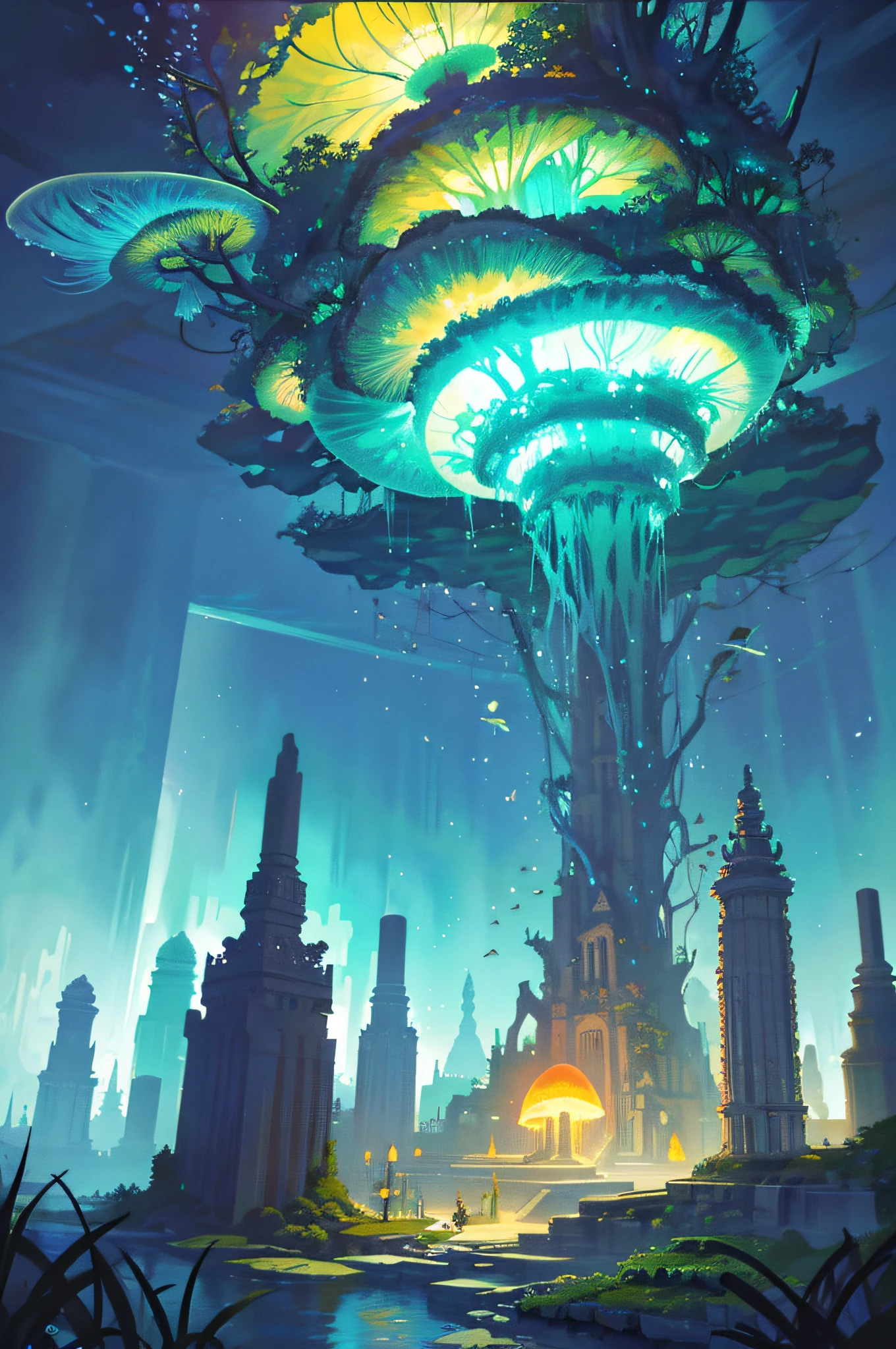 Masterpiece, High Quality, Ocean Forest, City, Fantastic Fantasy, Glowing Plants, Coral Viaduct, (Swarm of Glowing Jellyfish), (Shoal of Fish with Transparent Wings Flying in the Sky), Misty, Extreme Detail, Morning Light, Epic Composition, (Intricate Detail), (Intricate Design, Ultra Detail: 1.2), Art Station, (Masterpiece, Best Quality), Ultra HD, 32k --v 6