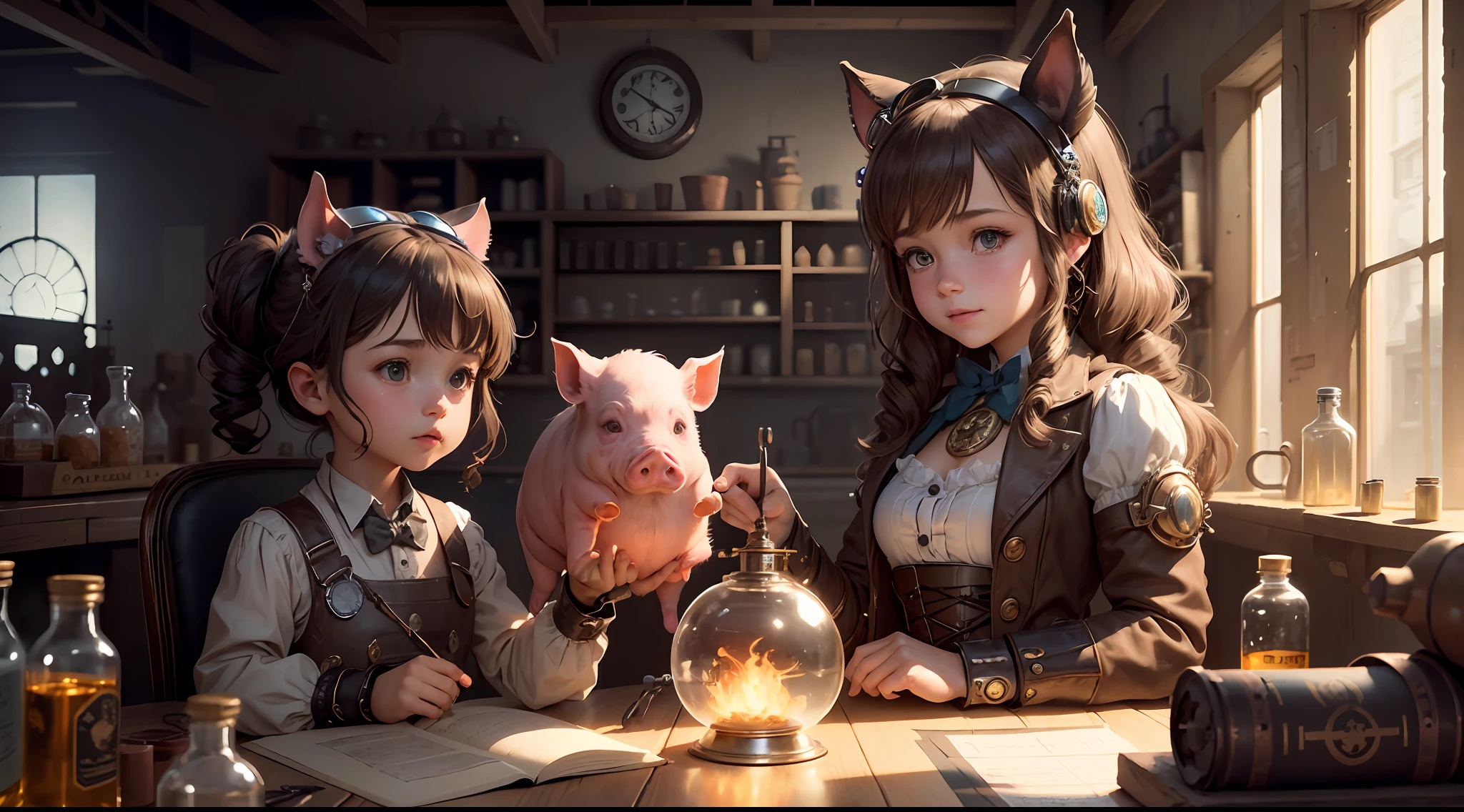 /imagine prompt: illustration of In the laboratory, s and pigs do experiments and invent ,The little girlappy doing the experiment::8, laboratory::3, Cute pig wearing Steampunk clothes::7, A beautiful little girl with long , Various Steampunk mechanical props::8, Golden ratio::5, Medium Long Shot::6, Unreal Engine::10, beautiful lighting::10, Cinematic light::11, Volumetric light::6, Fantasy::6, Pop art::5, hyper quality::6, Futuristic Robots, Steampunk::10 --seed 252441588 --s 400 --q 2 --c 30