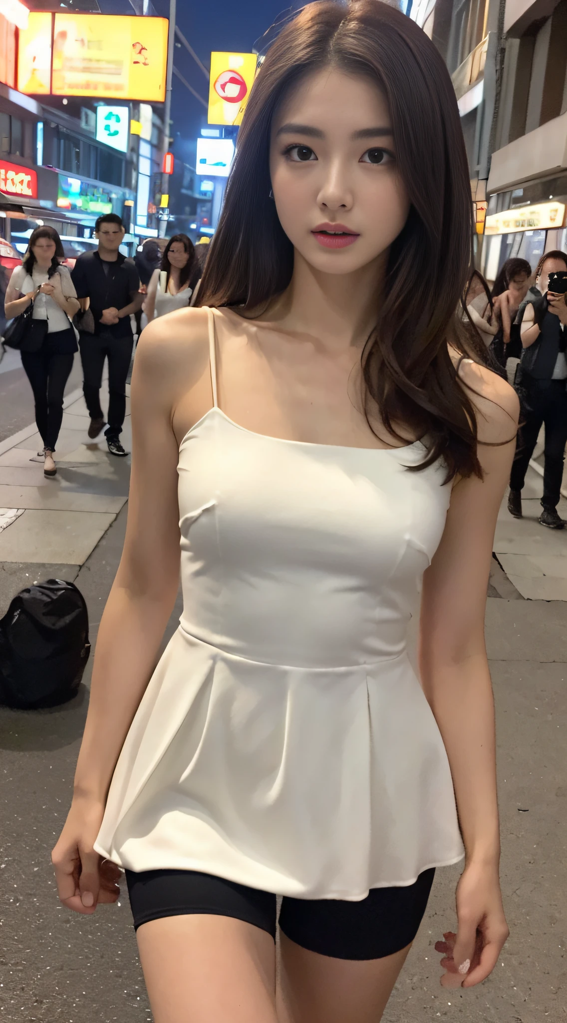 ((Realistic lighting, Best quality, 8K, Masterpiece: 1.3)), Focus: 1.2, 1girl, Perfect Figure: 1.4, Slim Abs: 1.1, ((Dark brown hair)), (White dress: 1.4), (Outdoor, Night: 1.1), City streets, Super fine face, Fine eyes, Double eyelids,