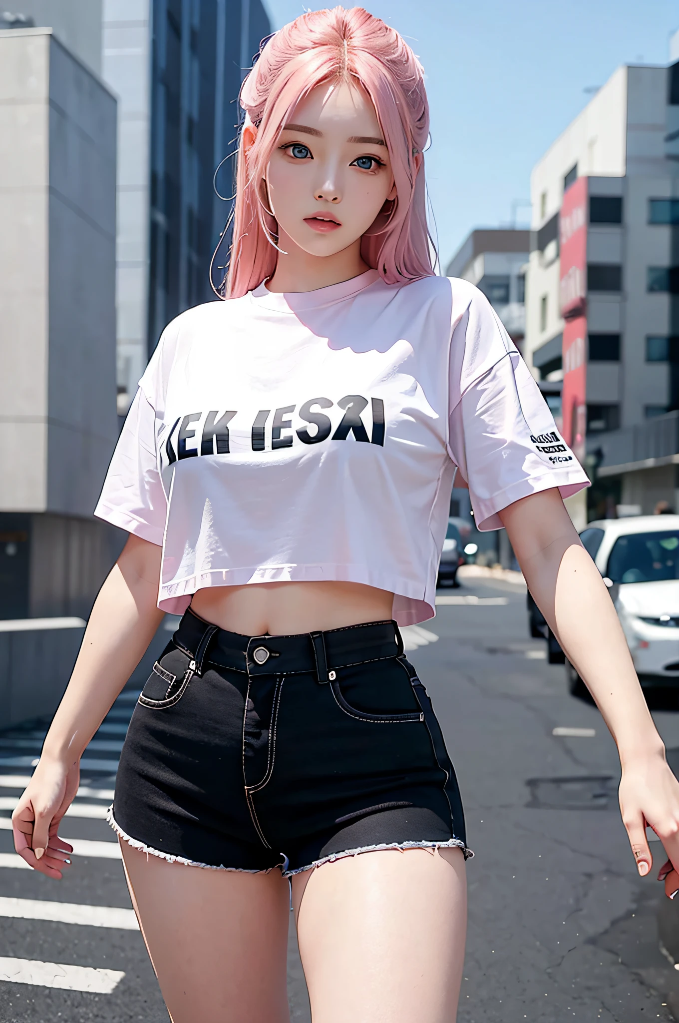 Realistic, high resolution, 1 girl, pink hair, Korean, blue eyes, white shirt, tight black shorts, chunky thighs