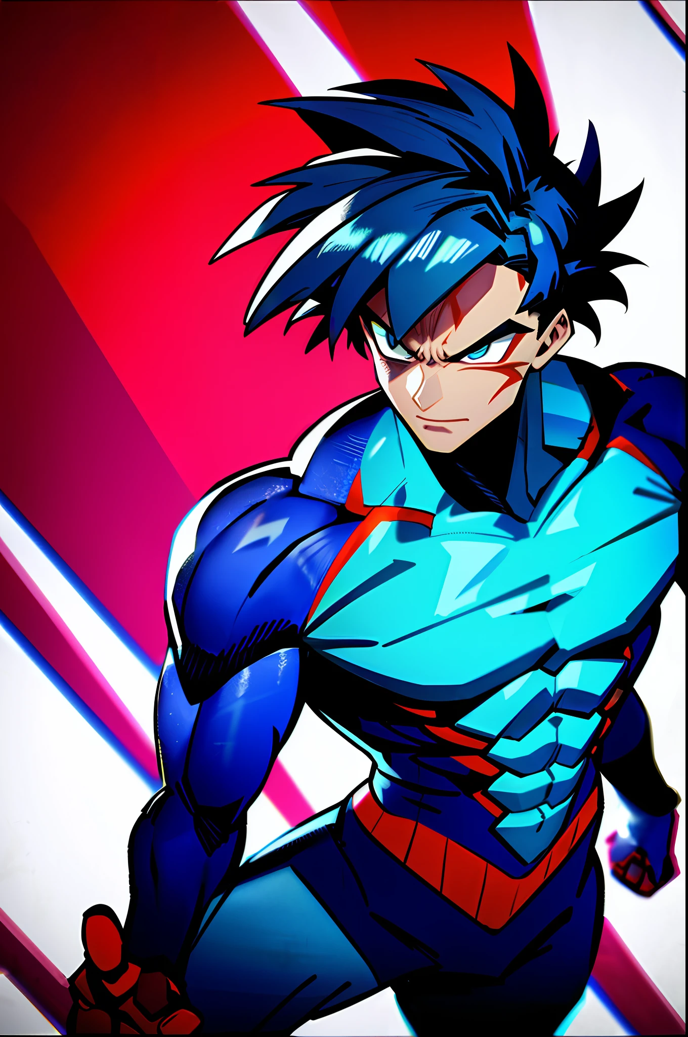 spider man, brave, battle damage, blue suit details, furious, male focus, muscular, muscular male, pectorals, futuristic outfit, solo, torn clothes, ((masterpiece))