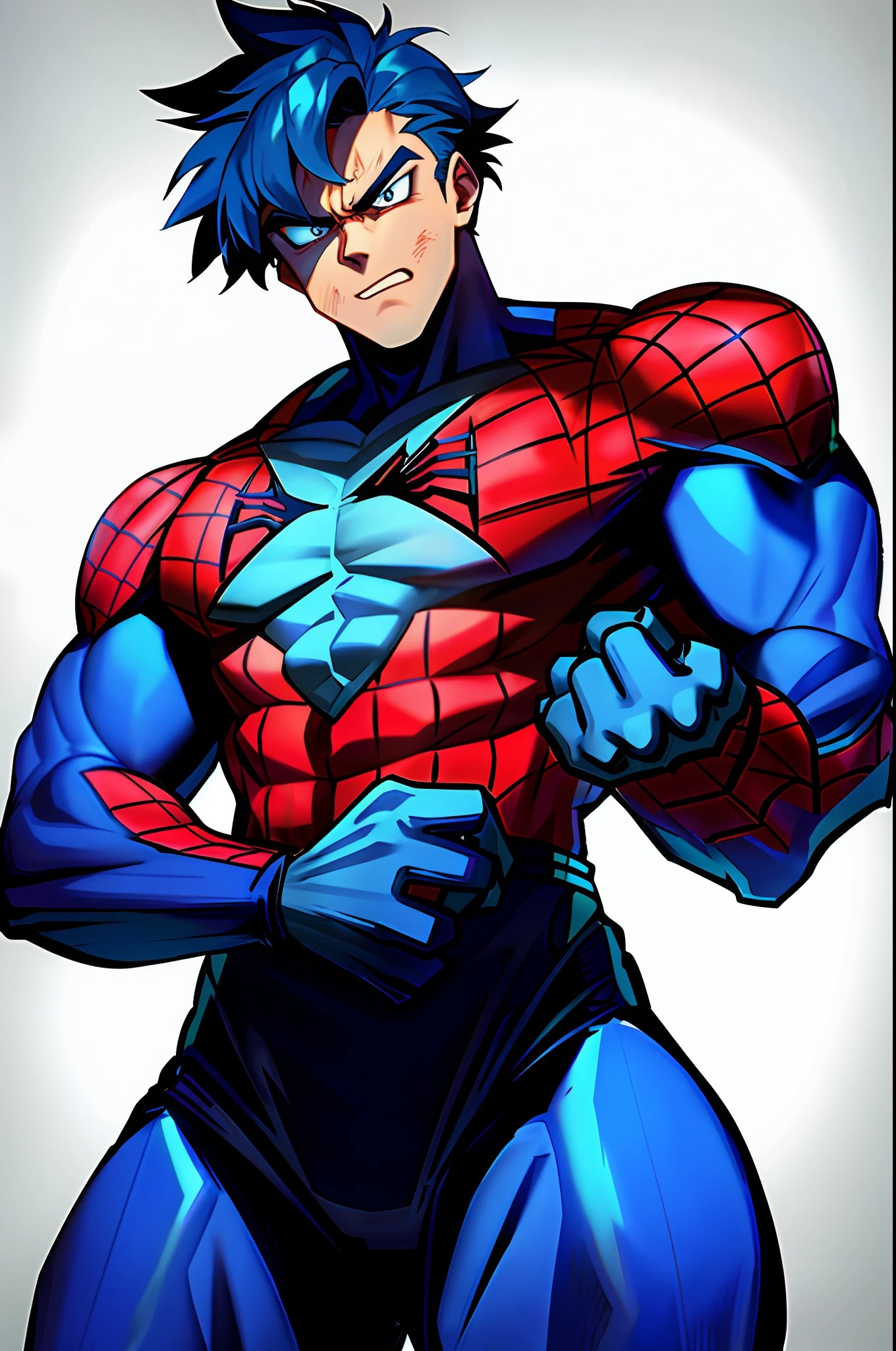 spider man, brave, battle damage, blue suit details, furious, male focus, muscular, muscular male, pectorals, futuristic outfit, solo, torn clothes, ((masterpiece))