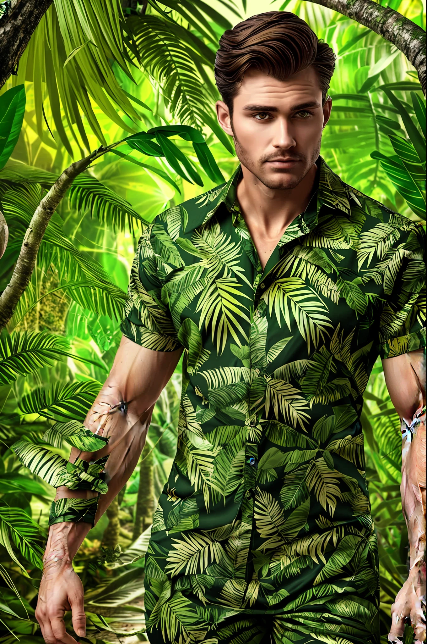 Handsome, strong man, dressed in leafy clothes, classic style, in the jungle, extremely detailed.