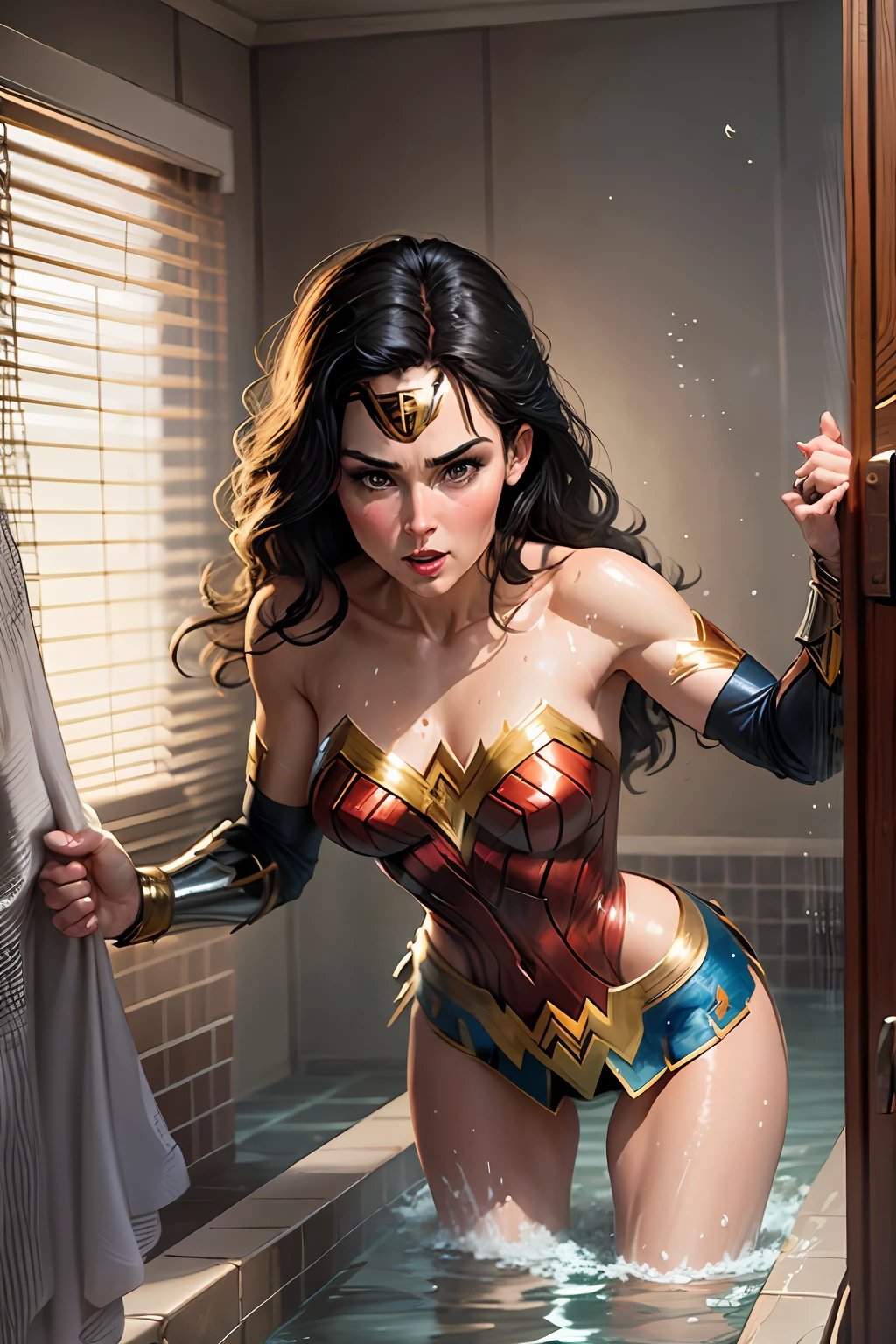 Batman catches Wonder Woman in towels coming out of the bath still wet, 64k, --auto --s2
