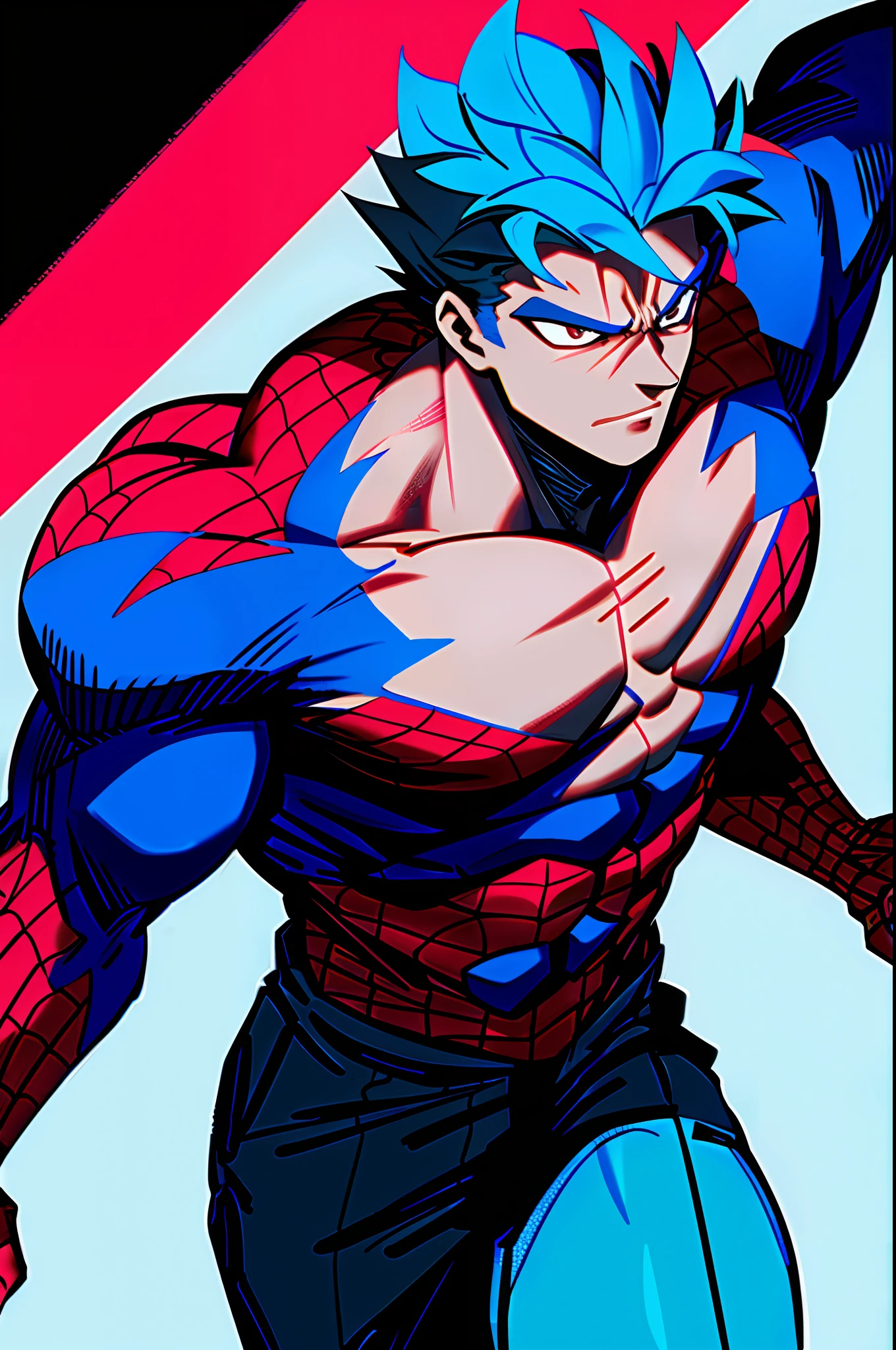 spider man, brave, battle damage, blue suit details, furious, male focus, muscular, muscular male, pectorals, futuristic outfit, solo, torn clothes, ((masterpiece))