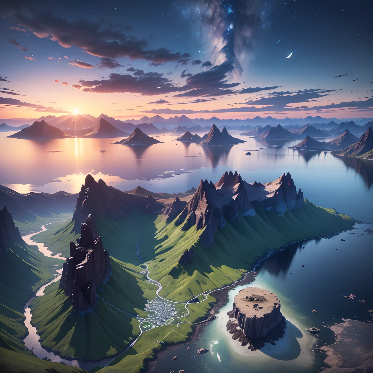 mountains and a lake with a moon in the sky, 4k highly detailed digital art, 4 k hd wallpaper very detailed, impressive fantasy landscape, sci-fi fantasy desktop wallpaper, unreal engine 4k wallpaper, 4k detailed digital art, sci-fi fantasy wallpaper, epic dreamlike fantasy landscape, 4k hd matte digital painting, 8k stunning artwork --auto --s2