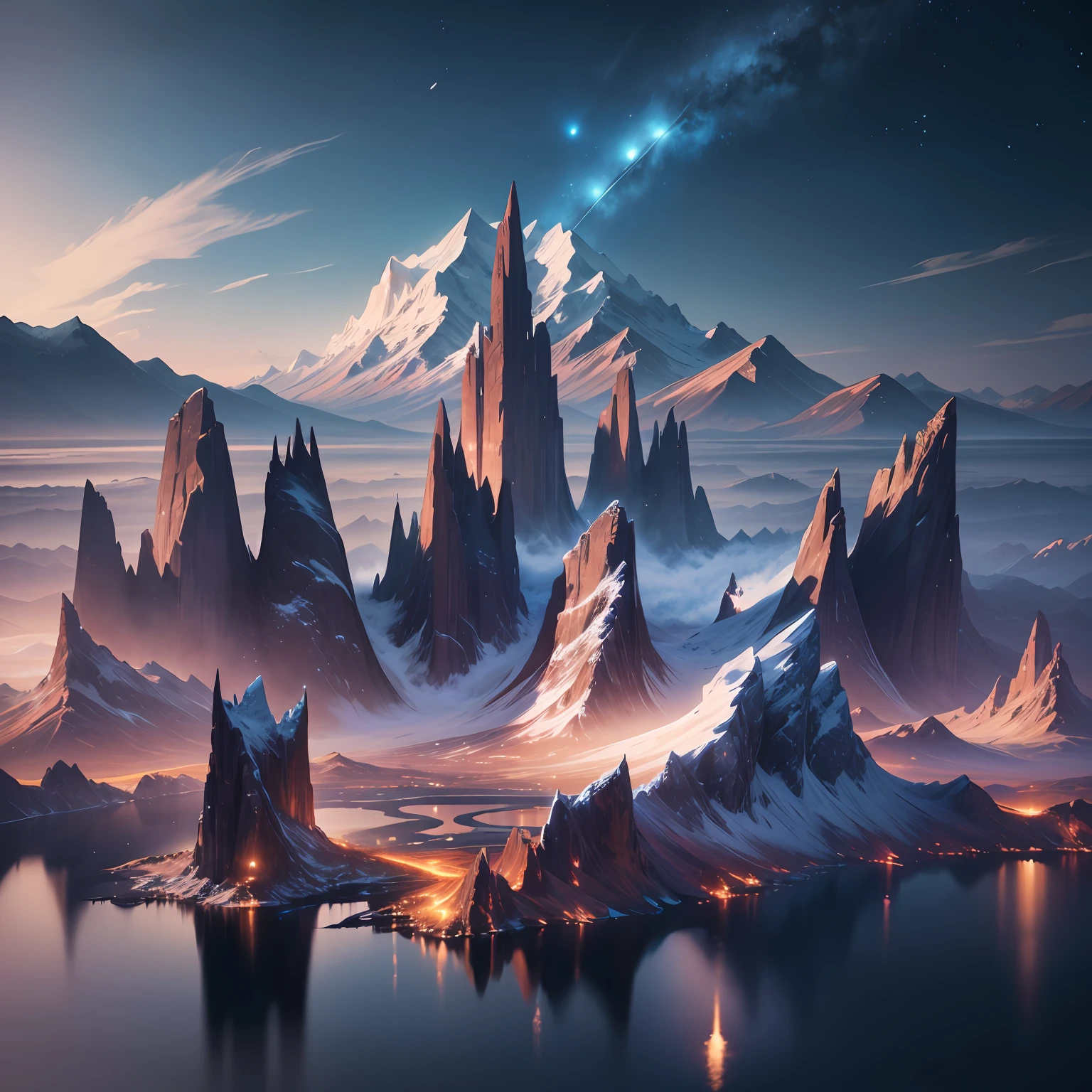 mountains and a lake with a moon in the sky, 4k highly detailed digital art, 4 k hd wallpaper very detailed, impressive fantasy landscape, sci-fi fantasy desktop wallpaper, unreal engine 4k wallpaper, 4k detailed digital art, sci-fi fantasy wallpaper, epic dreamlike fantasy landscape, 4k hd matte digital painting, 8k stunning artwork --auto --s2