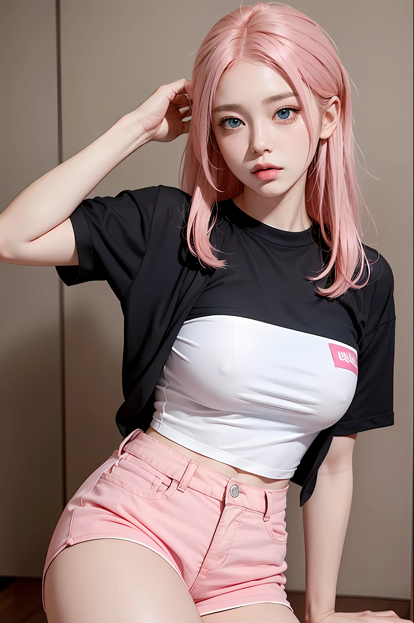 Realistic, high resolution, 1 girl, pink hair, Korean, blue eyes, white shirt, tight black shorts, chunky thighs