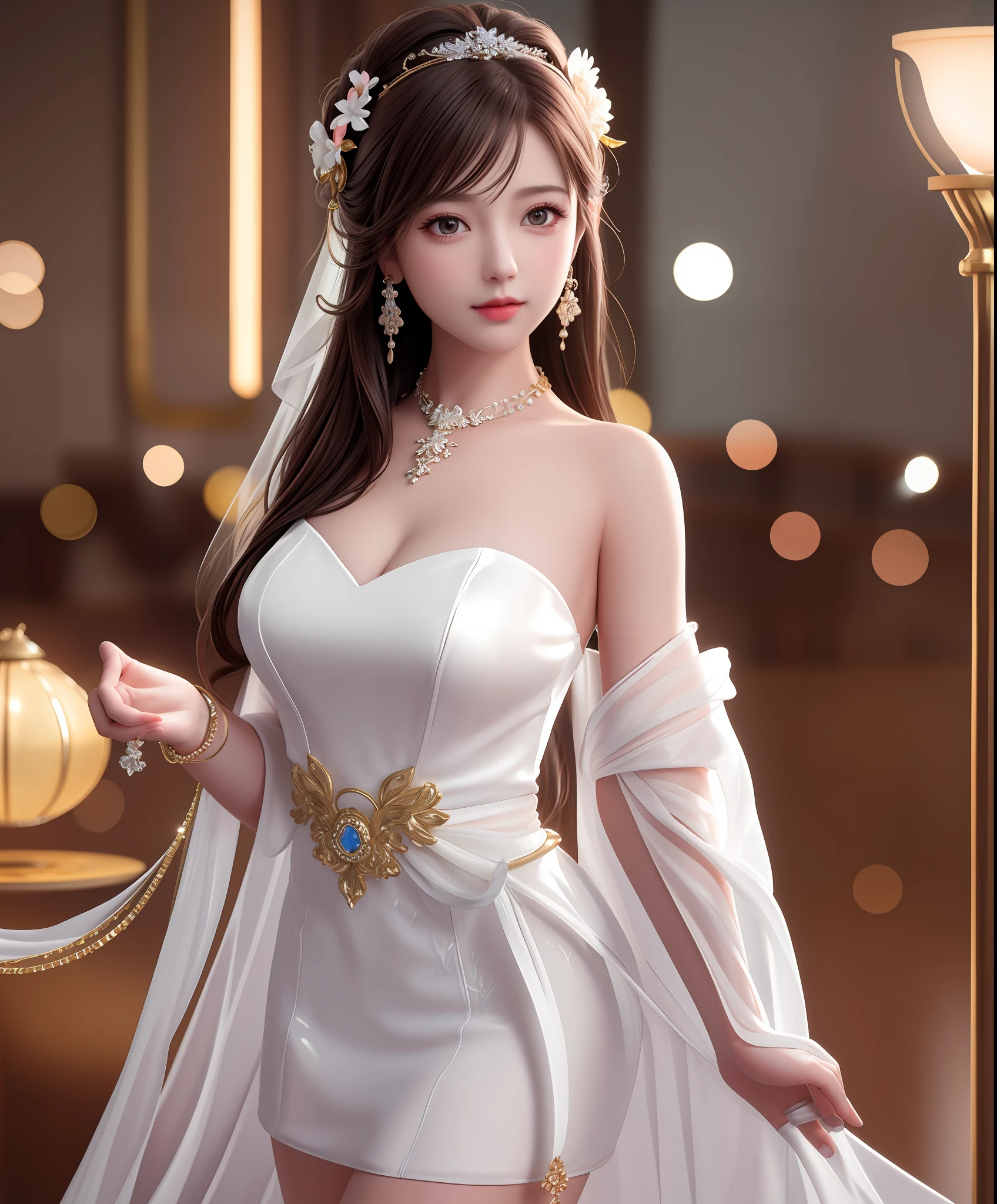 Best Quality, Masterpiece, High Resolution, 1Girl, Porcelain Dress, Hair Accessories, Necklace, Jewelry, Beautiful Face, Body, Tyndall Effect, Realistic, Dark Studio, Edge Lighting, Two-tone Lighting, (High Detail Skin: 1.2), 8K UHD, DSLR, Soft Light, High Quality, Volumetric Light, Voyeur, Photo, High Resolution, 4K, 8K, Bokeh, NSFW