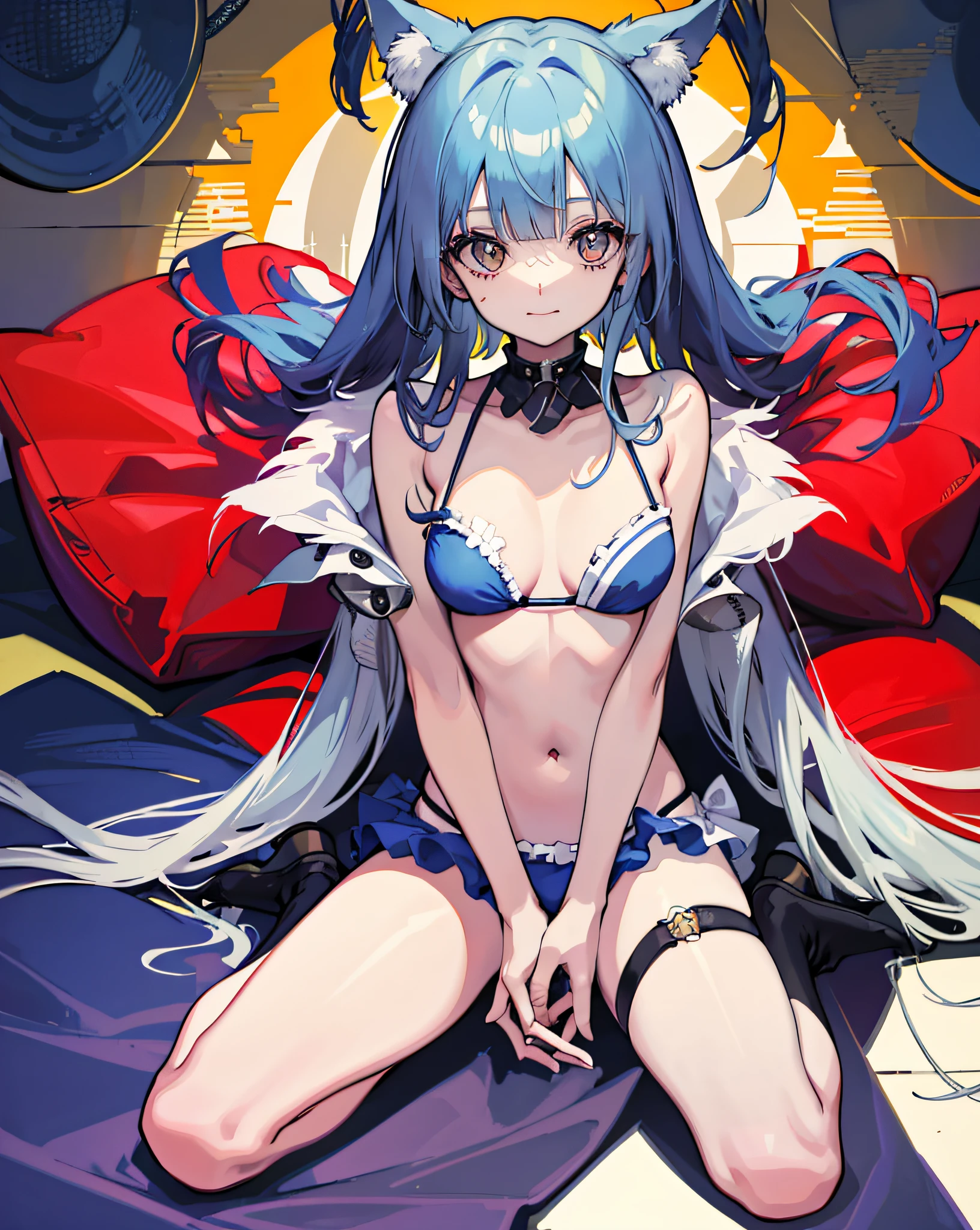 Cat-eared girl, solo, big, closed mouth, long_hair, light smile, sea, blue hair, , , stitched_face, patchwork_skin, cowboy shot, (bikini), (wariza), (V-arm: 1.3), (hands between legs: 1.4),