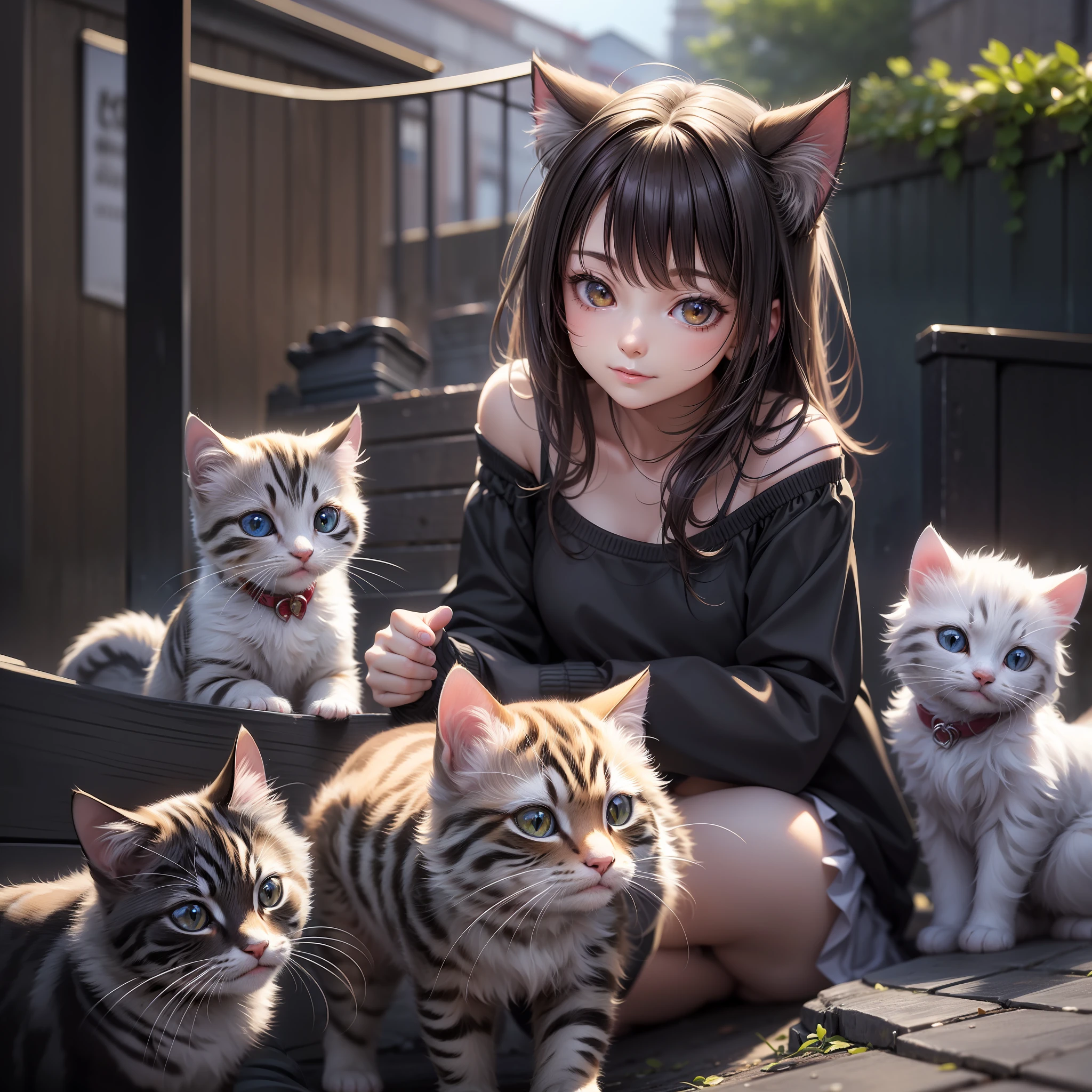 Best quality, high resolution, clear images, (many (detailed) kittens) and a lady: 1.3), focus on cats, small (detailed) cats around girls, background is back alley, detailed sunlight, sitting, girl looking at the audience, front view, (cat looking at the audience: 1.2), (happy: 1.3), (kitten), she is standing