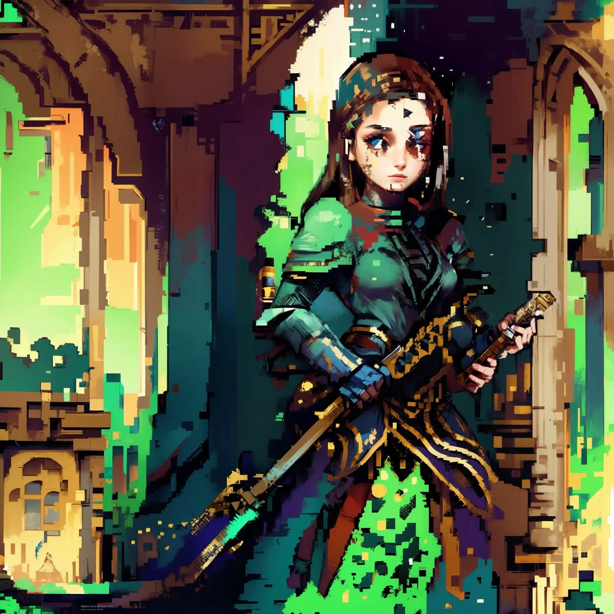A maiden, under the walls, with a sword in her hand,