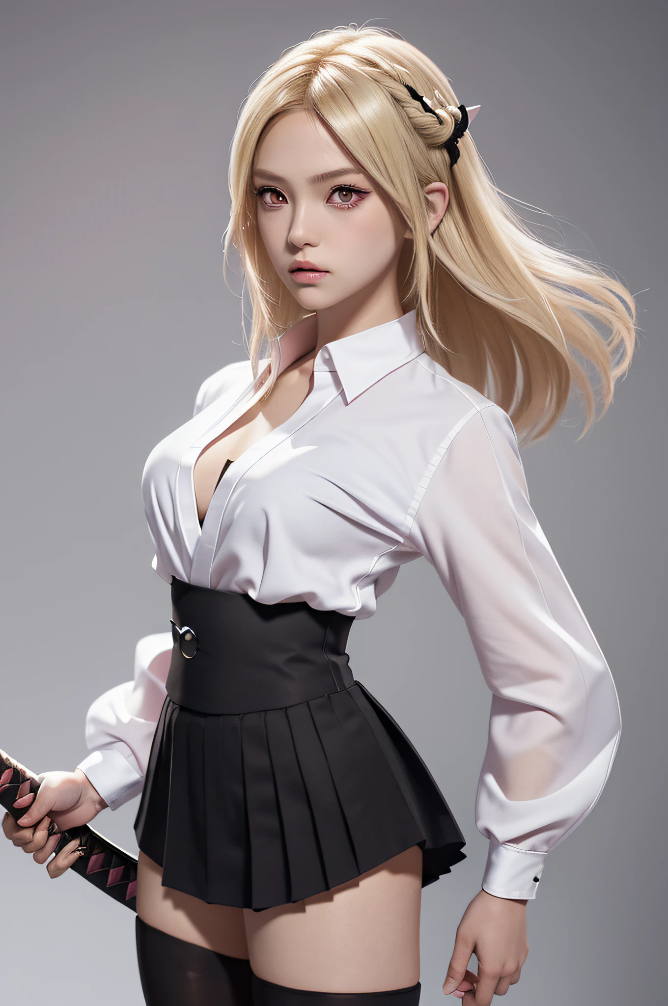 ((hyper super ultra detailed perfect piece)),(weapon KATANA),cute eye,(bobbed hair),(blonde hair),flat chest,(pink eyes),((Solo)),(black tights),(wearing white shirt),(best quality),(animated: 1.2),(perfect anatomy), detailed clothing,
