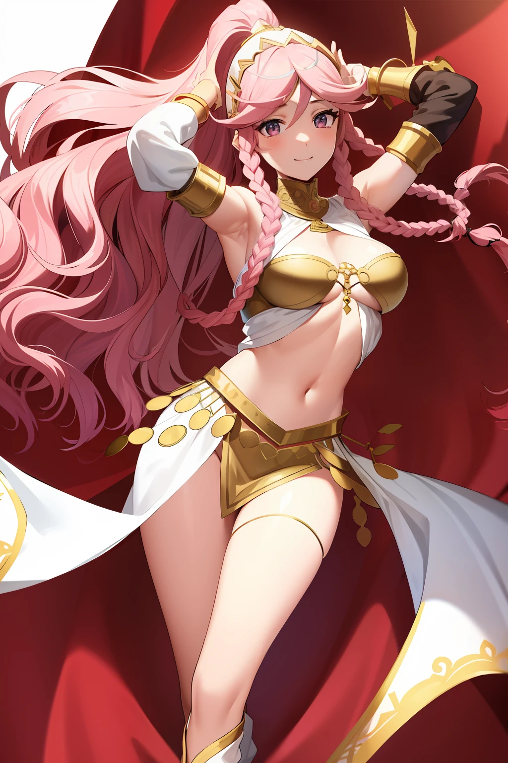 masterpiece, best quality, expressive eyes, perfect face, olivia fire emblem, pink hair, long hair, long braid, headgear, arabian clothes, bracelet, breasts, circlet, jewelry, navel, pelvic curtain, ring, smile, solo, arched back, dancer, standing