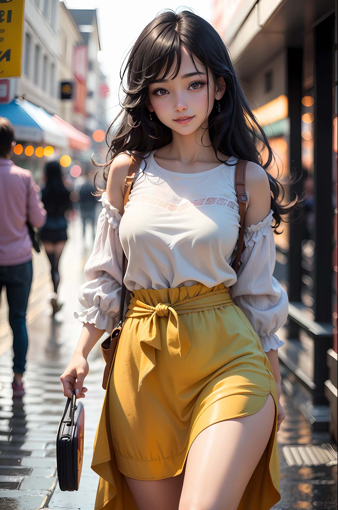 (8K, Best Quality, Masterpiece: 1.2), (Realistic, Realistic: 1.37), Super Detailed, Best Quality, Ultra High Resolution, Professional Lighting, Photon Mapping, Teleportion, Physically Based Rendering, Film Lighting, Pedestrian Street, Rainy Depth of Field, Clear Focus, Sunlight, Good Composition, (Bokeh: 1.2) 1girl, Solo, (Close Up View), Beautiful Detailed Eyes, Smiley Face, Pose, Narrow Waist, Mid-Chest, (Random colorful clothes ), black hair, messy hair, long hair fluttering in the wind, (ulzzang-6500:1.2)