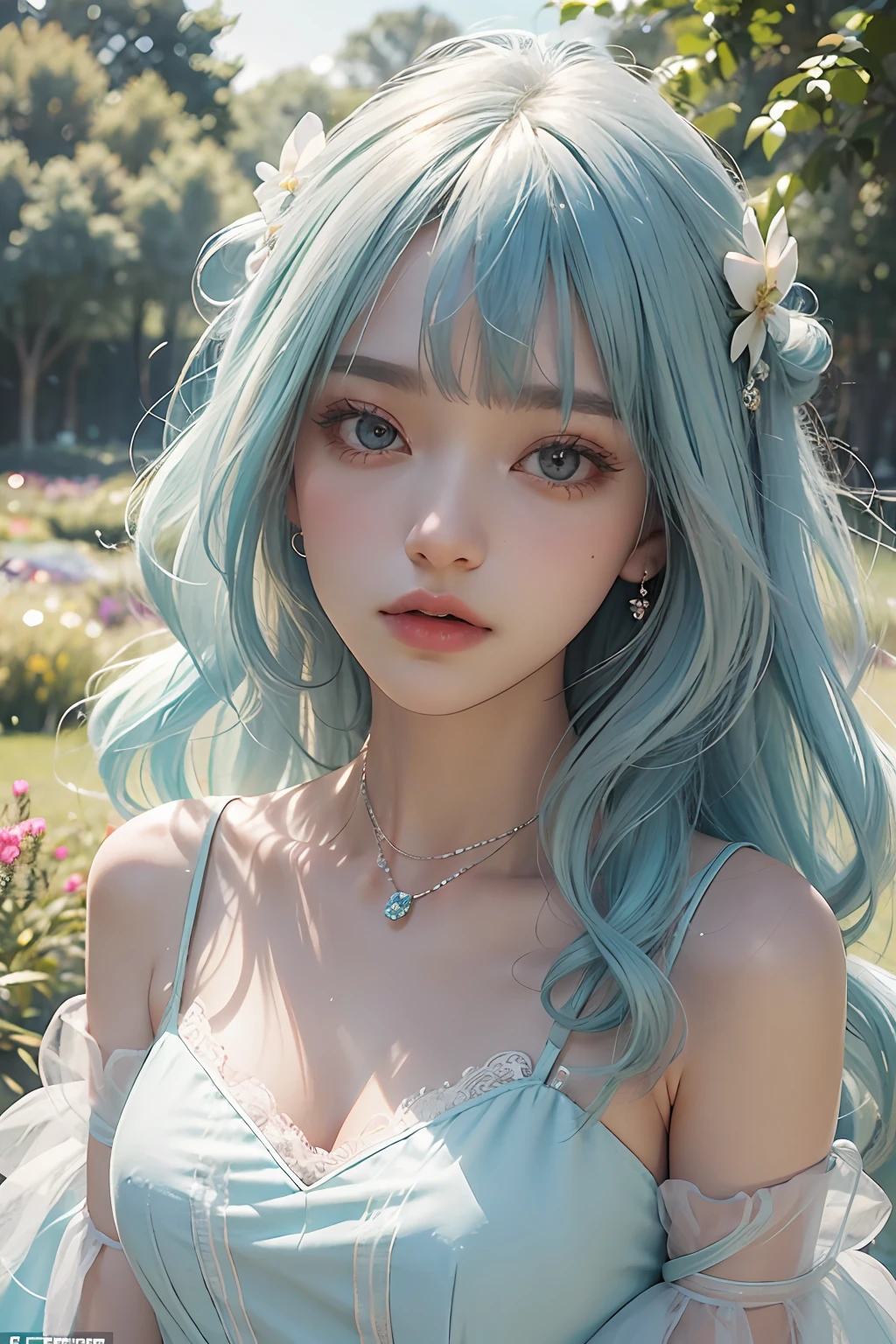 (Fluorescent color: 1.4), (Translucent: 1.4), (Vintage filter: 1.4), (Fantasy: 1.4), Candy World Disneyland Ethereal Soft Fluffy Soft Landscape Forest Snowflake Pale Pink Sky Green Blue Hair, ((Coiled Hair)), Light Blue, Sparkling Ethereal Light Soft Whimsical Light Diamond Sparkle Gemstone Background Ultra Realistic Ultra-high quality cinematic lighting Huge details Full HD painting Well lit, diagonal bangs,
Collared dress, sides
Masterpiece, Best Quality, Real Skin, (Portrait: 1.5), 1 Girl, Blunt Bangs, Long Hair, Sea of Flowers, Smell Flowers