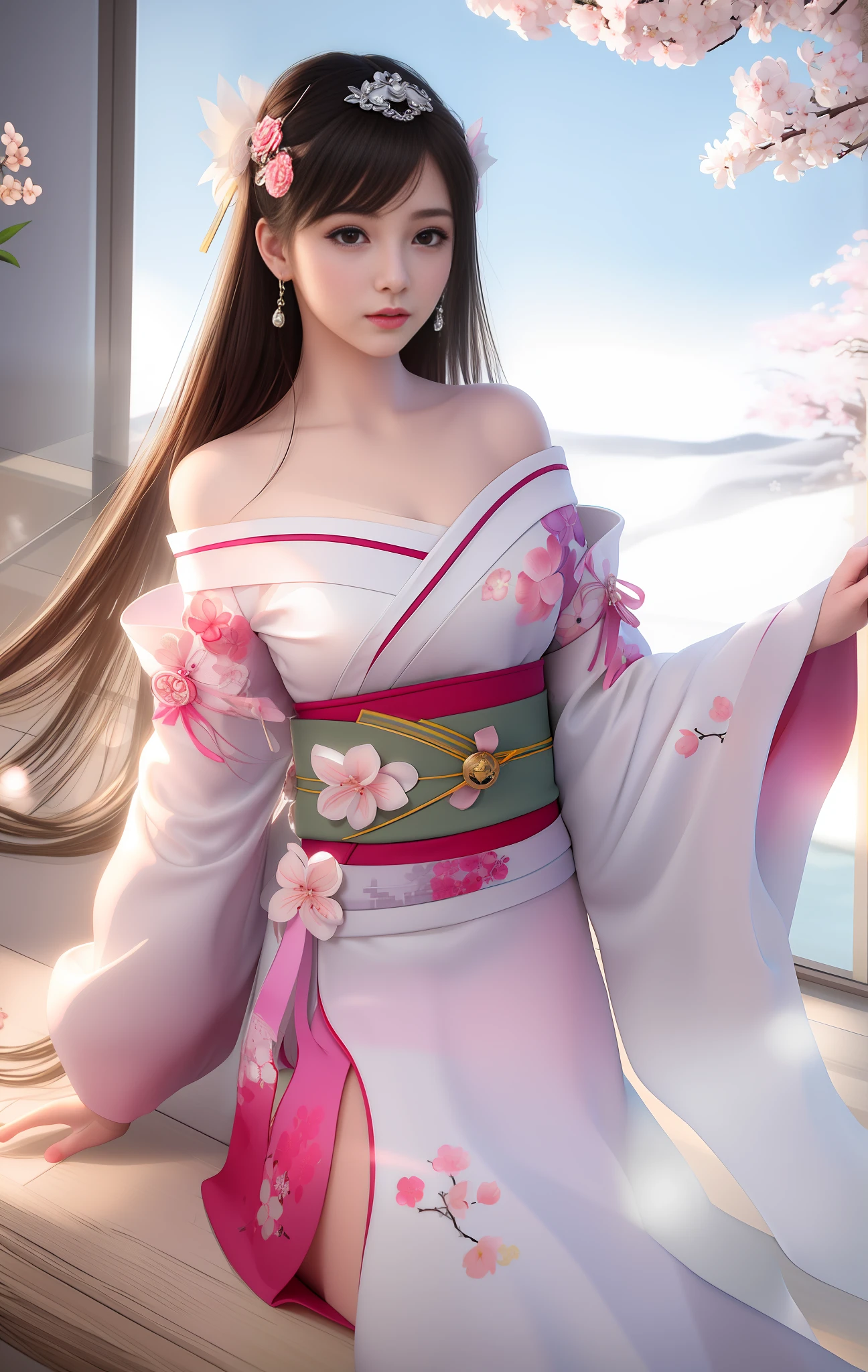 Top quality, masterpiece, high resolution, single girl, cherry blossom print furisode costume on white background, hair accessories, Japanese room, posture showing shoulder skin through hot spring smoke, beautiful face, physical, tyndall effect, realistic, dark studio, rim lighting, duotone lighting, (high detail skin: 1.2), 8k uhd, DSLR, soft light, high quality, volumetric light, sneak shot, photo, high resolution, 4k, 8k, bokeh, upper body only, profile view from above, back skin looks beautiful, absolute area 1.5, shibari 1.2, bare feet with clean skin.