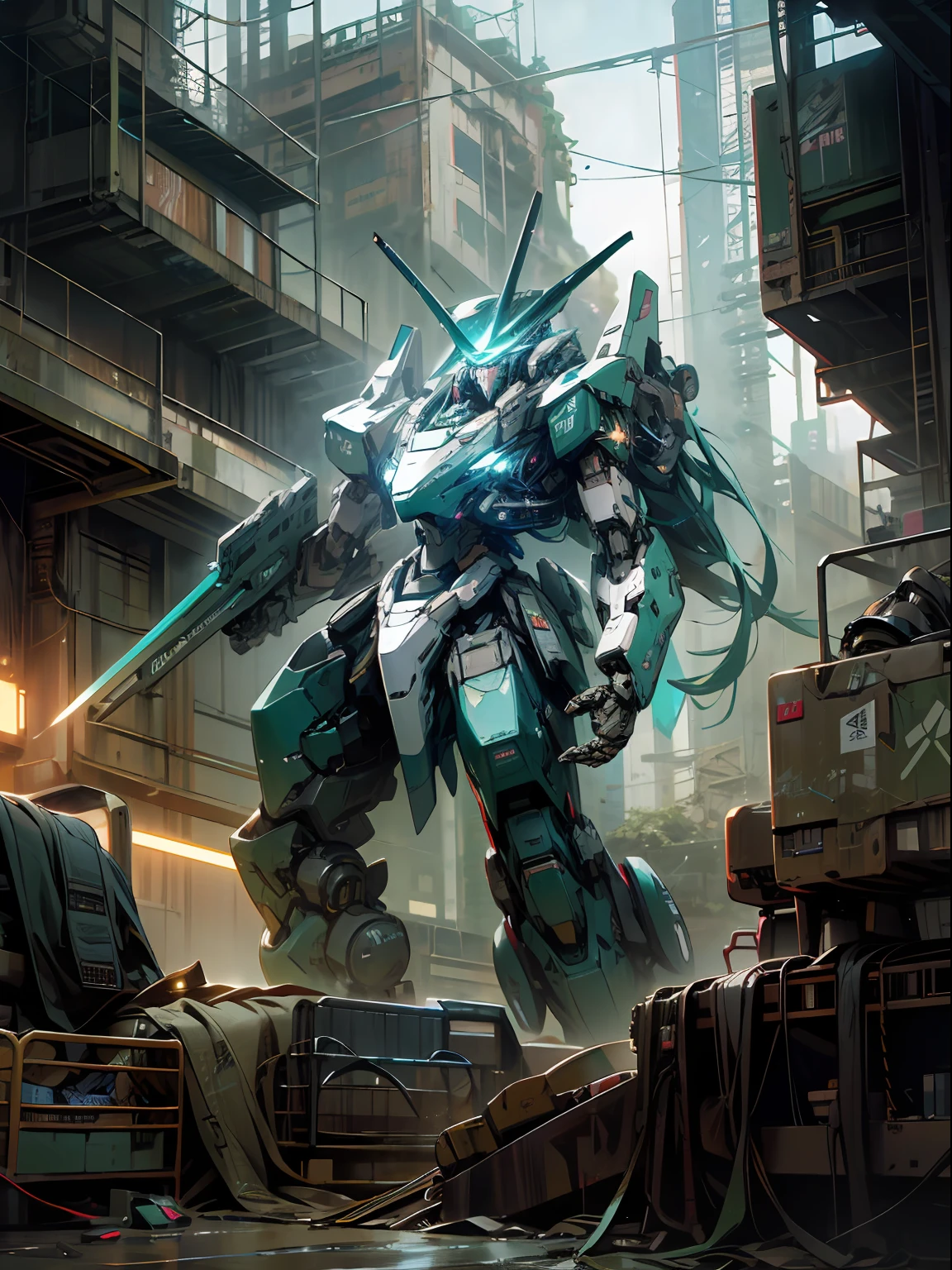 stars, ruins, holding_weapon, wide view, fighting glowing, female robots, building, glowing_eyes, blue green mecha, science_fiction, mechanical city, realistic,mecha,Milky Way Galaxy background,neon,cyberpunk,