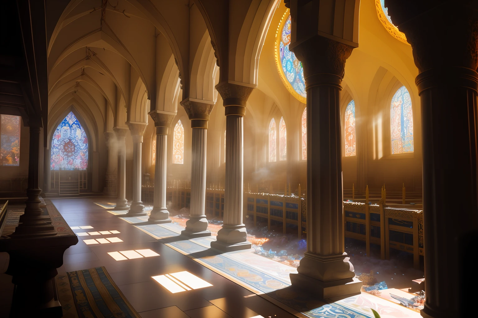 medieval ((fantasy)) untidy dusty messy temple interior, natural lighting, smoke, haze, 50mm lens at F/2.8, a cozy, ((untidy)), ((chaotic)) large temple hall with windows pillars columns altars and incences, large golden sun symbols, large statue of the god of moon, hyper-detailed and intricately detailed film still, psychedelic colors, RAW color, shallow depth of field, detailed skin with supple pores, beauty marks, freckles, and goosebumps, sharp focus, HDR, and 4k resolution.