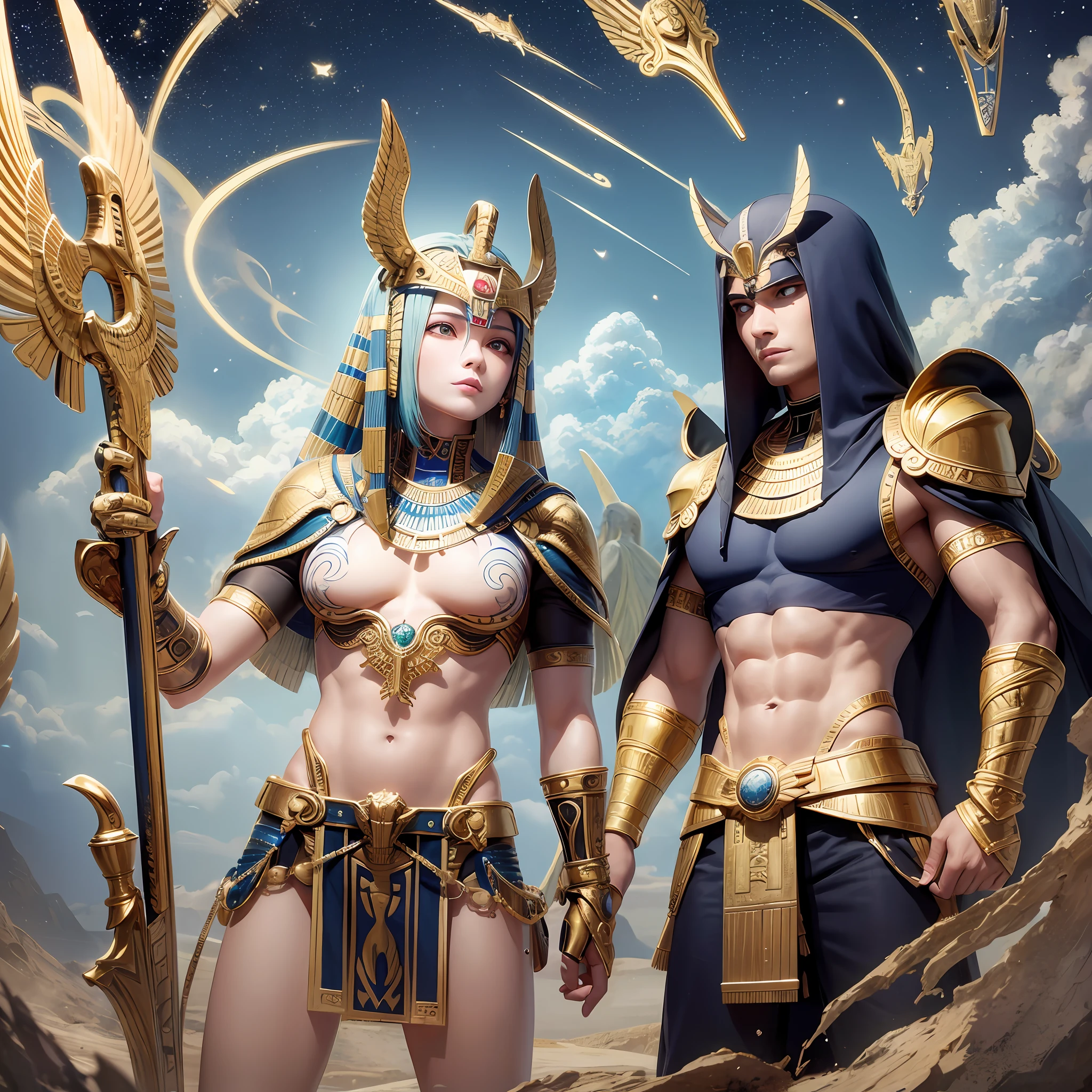 There is a male figure with a winged head and a sword, Egyptian God, Egyptian God of Wind, The Egyptian God, Photo of the Ghost of Horus, Egyptian God of Storm, God of Egypt, God Horus, Pharaoh, Mystical Horus Valkyrie, Egyptian Warrior, The God Horus, Art of Wlop and Greg Ruttowski, Art of the Fantasy Card Game, Full art --auto --s2