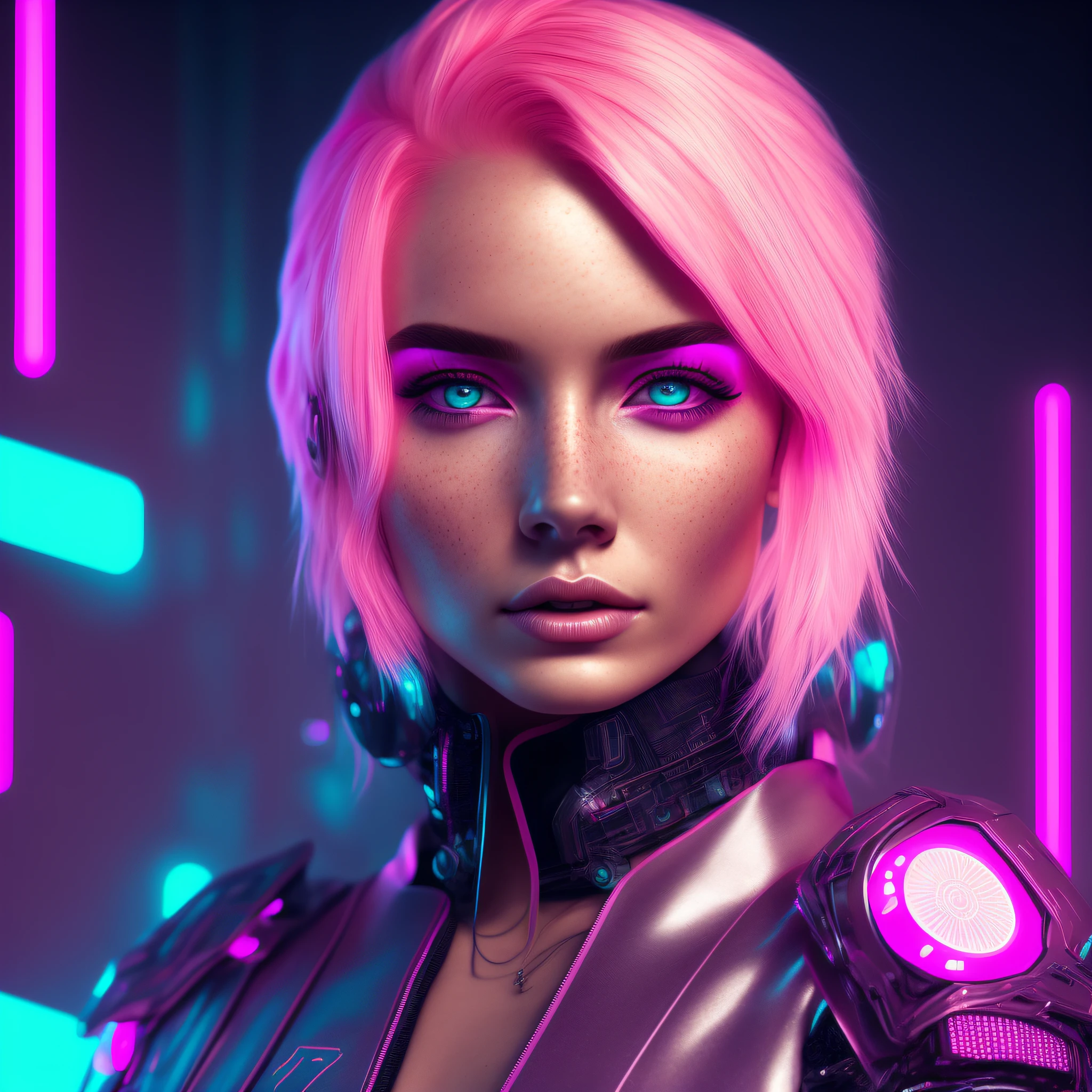 (1 girl), 24 years old, beautiful, short light pink hair, freckles on the face, beautiful face, art, cyberpunk style portrait, futuristic (neon: 1.1) reflective wear, science fiction. artgern, art, illustration, ((dark environment)), ((vegnette)), ((HDR)) ((minimal palette colors)), soft tones, soft colors, faint colors, calm, highly detailed pastel colors, intricate details