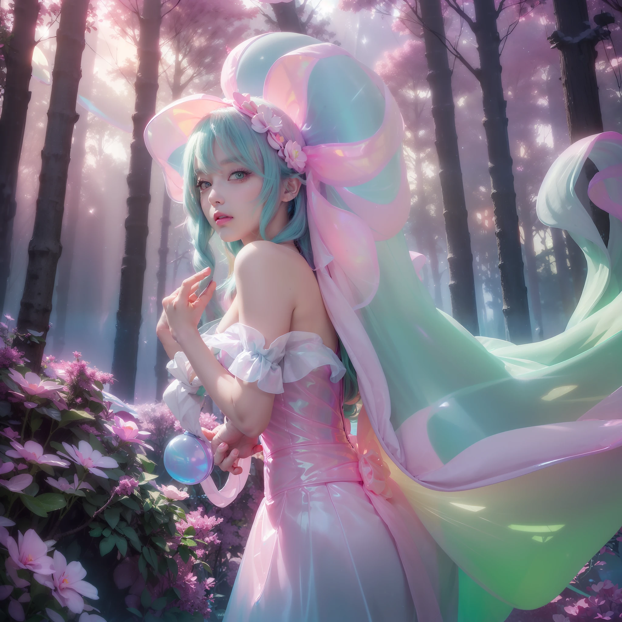 (fluorescent colors:1.4),(translucent:1.4),(retro filters:1.4), (fantasy:1.4), candy world Disney land ethereal soft fluffy soft landscape forest snowavatar Pastel pink sky green blue sparkle ethereal light pastel whimsical light rainbow stars diamonds sparkle gemstone background hyper realistic Ultra quality cinematic lighting immense detail Full hd painting Well lit, --auto --s2
