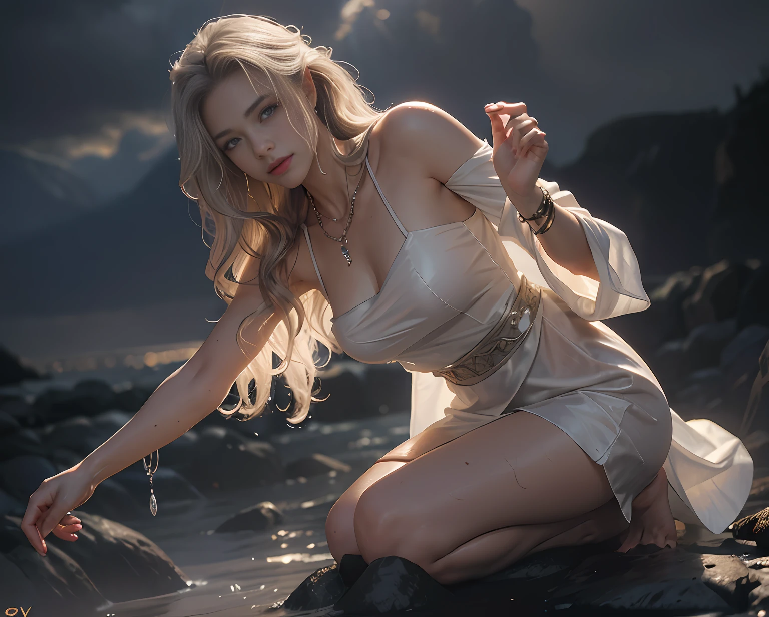 reaching, Movie still image, at night, ((Best Quality, 8k, Masterpiece:1.3)), Focus: 1.2, caucasian blonde with curly hair, long white sleeveless silk robes, dynamic pose, native  necklaces,  and silver bracelets, pointy ears, Perfect Body Beauty: 1.4, ((Long Hair)), (Wet Clothes:1.1) , fantasy city street at night background, Highly detailed face and skin texture, Detailed eyes, Double eyelids, glistening skin, lush colors, volumetric lights, ambient occlusion, rays of light shining trough clouds, cinematic lighting, depth of field, backlight, dark, moody, misty, by greg rutkowski, midnight, moonlight, (calm, smiling face)