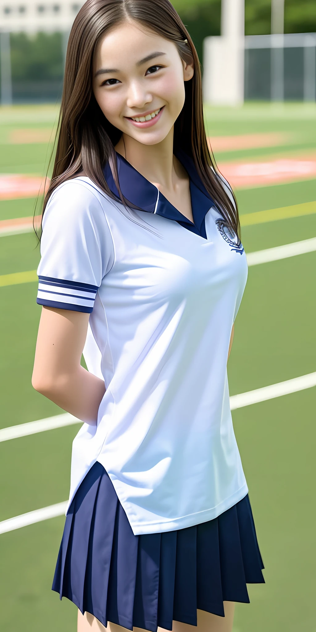 neat college girl, petite person, (school uniform, summer uniform, short sleeve), outside the athletic field, (slim), photorealistic, detail, skin texture, ultra detail, delicate ???? collarbone, smile, super detailed face, detailed lips, detailed eyes, double eyelids, ?????? enhancement