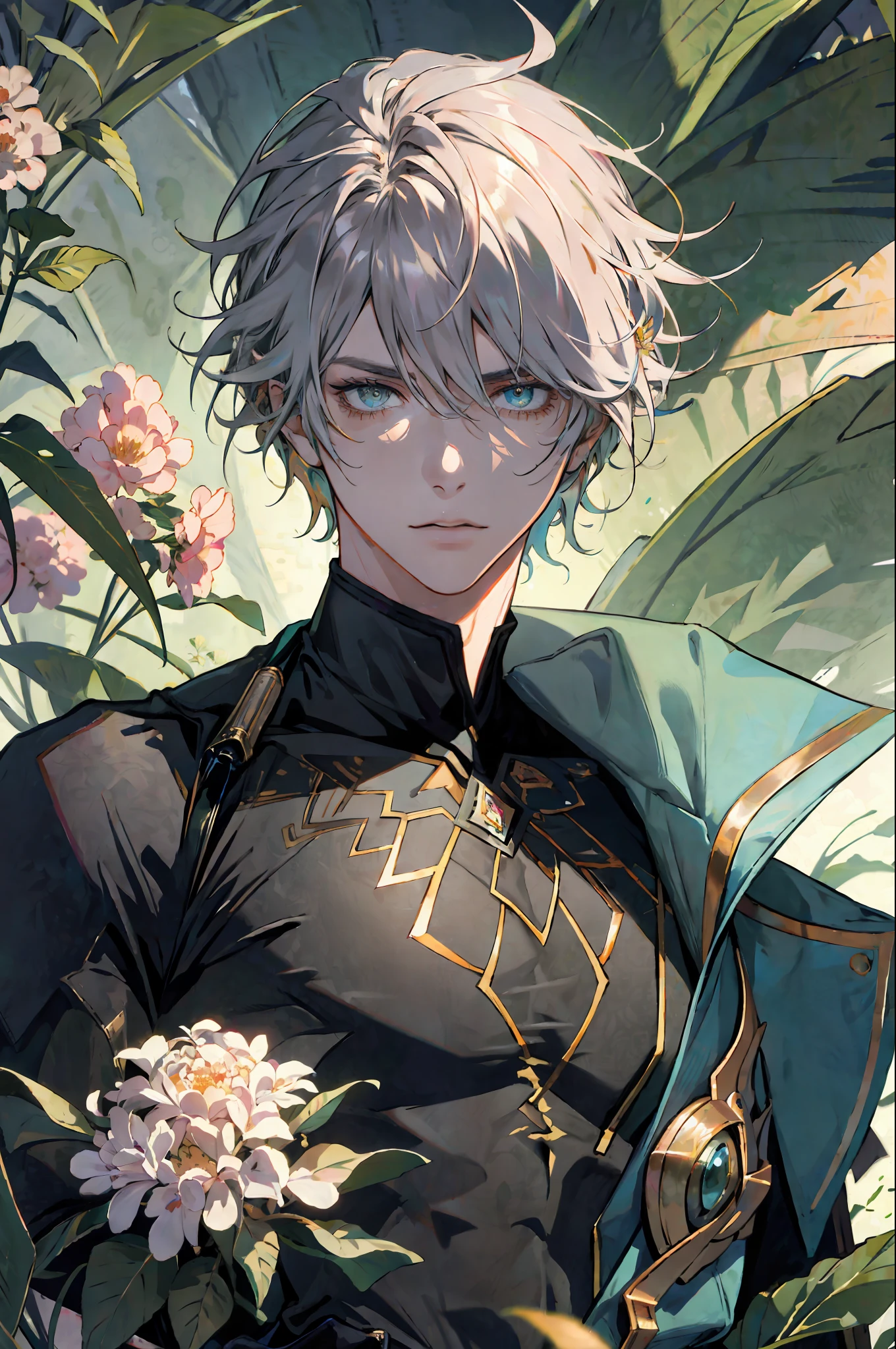 (masterpiece), (best quality), (ultra detailed),(disheveled hair),(illustration), (1man), standing, Fashion model, looking at viewer, (interview), (detailed background),beautiful detailed eyes, delicate beautiful face, Floating,(high saturation),(colorful splashes),colorful bubble,(shining), focus on face, floating flowers, floating hairs, (shining), best lighting, best shadow, 1male solo