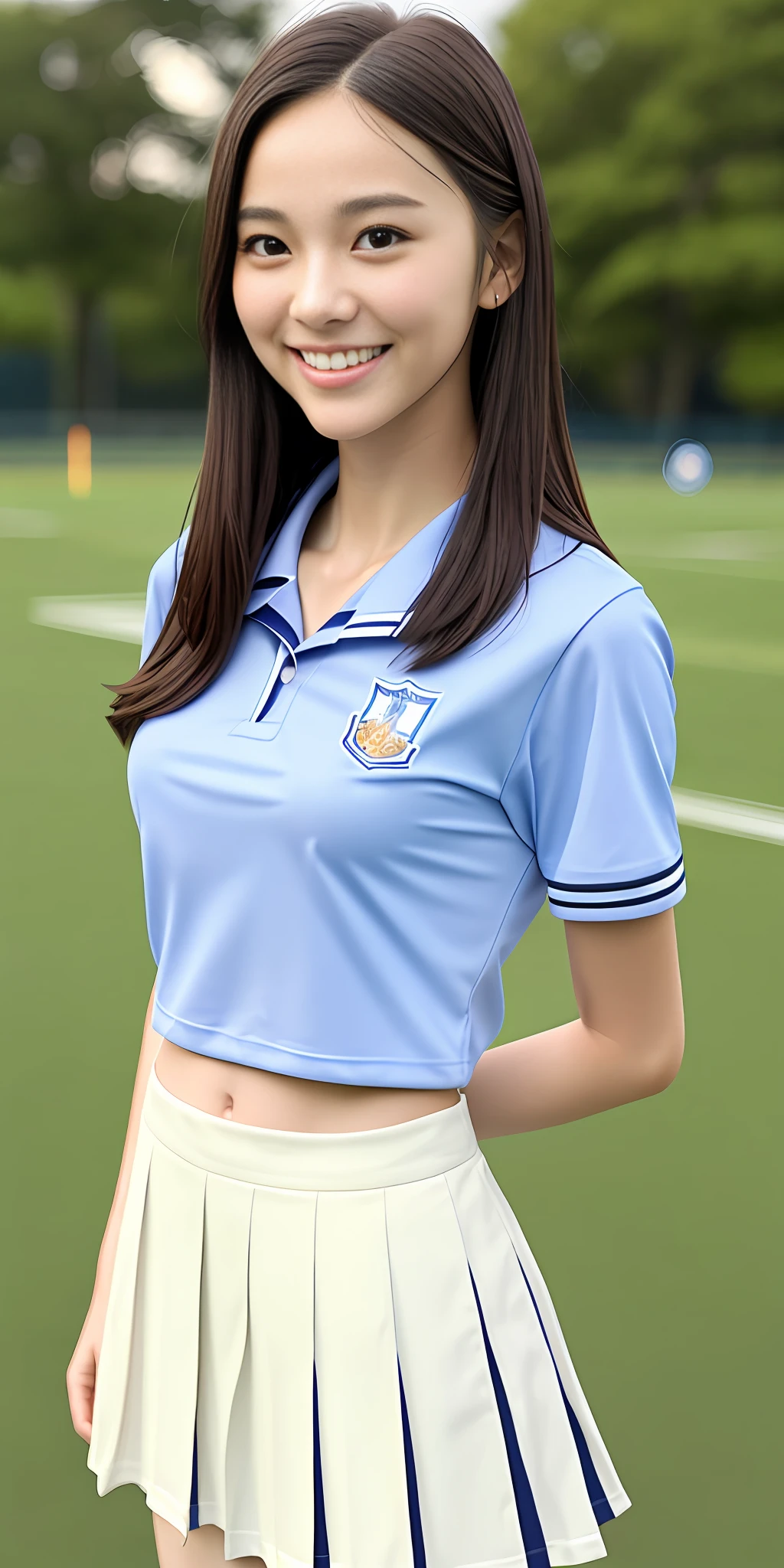neat college girl, petite person, (school uniform, summer uniform, short sleeve), outside the athletic field, (slim), photorealistic, detail, skin texture, ultra detail, delicate sexy collarbone, smile, super detailed face, detailed lips, detailed eyes, double eyelids, breast enhancement