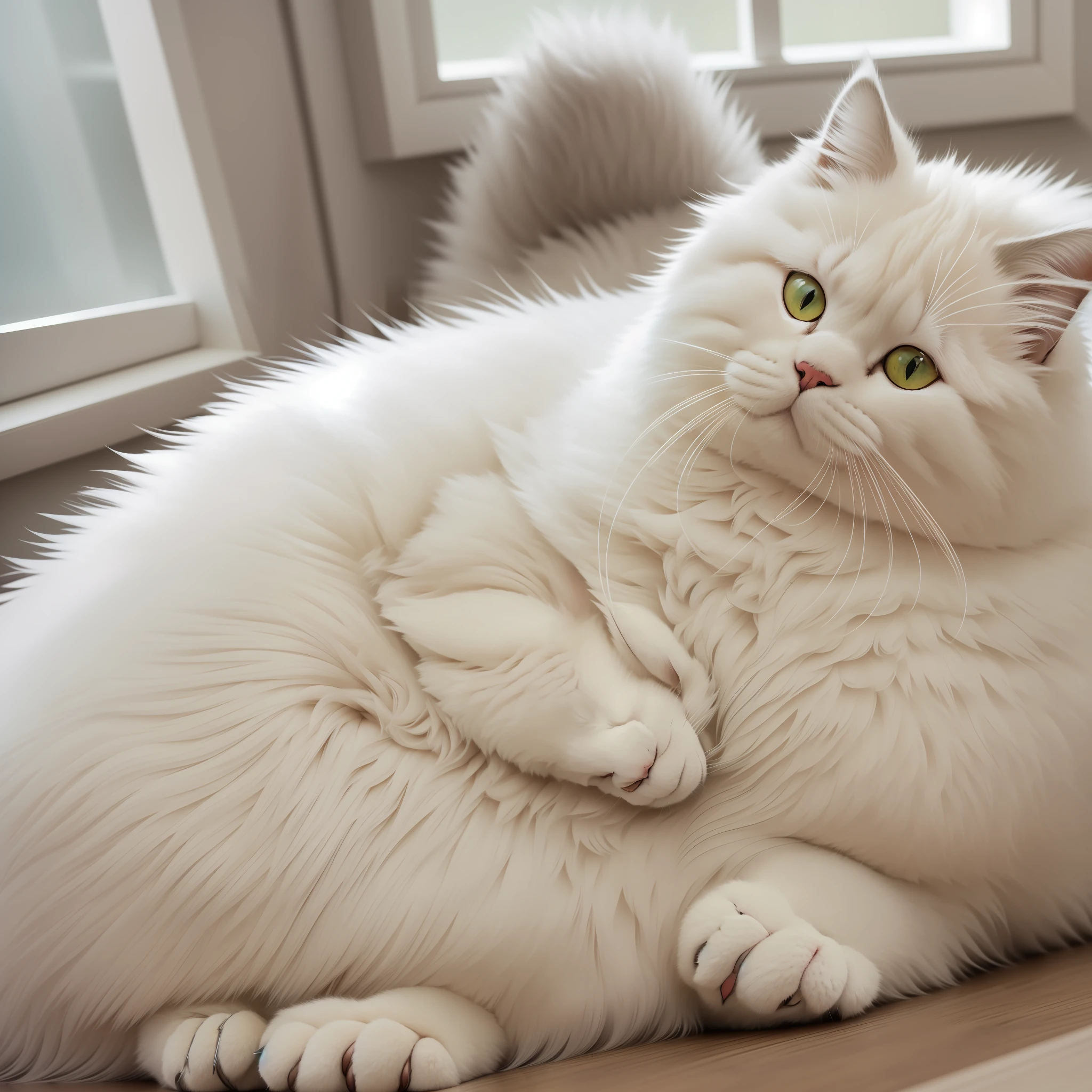 best quality, high resolution, ultra-realistic, detailed, stunning, beautiful, dynamic angle, dynamic pose, fluffy and chubby Cat, silver coat, lounging, relaxed and lazy facial expression, sideburns, milk bottle, soft lighting, colorful background, playful atmosphere, by the window