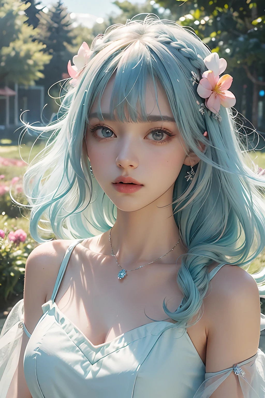 (Fluorescent color: 1.4), (Translucent: 1.4), (Vintage filter: 1.4), (Fantasy: 1.4), Candy World Disneyland Ethereal Soft Fluffy Soft Landscape Forest Snowflake Pale Pink Sky Green Blue Hair, ((Coiled Hair)), Light Blue, Sparkling Ethereal Light Soft Whimsical Light Diamond Sparkle Gemstone Background Ultra Realistic Ultra-high quality cinematic lighting Huge details Full HD painting Well lit, diagonal bangs,
Collared dress, sides
Masterpiece, Best Quality, Real Skin, (Portrait: 1.5), 1 Girl, Blunt Bangs, Long Hair, Sea of Flowers, Smell Flowers, Wear Flowers on Your Head