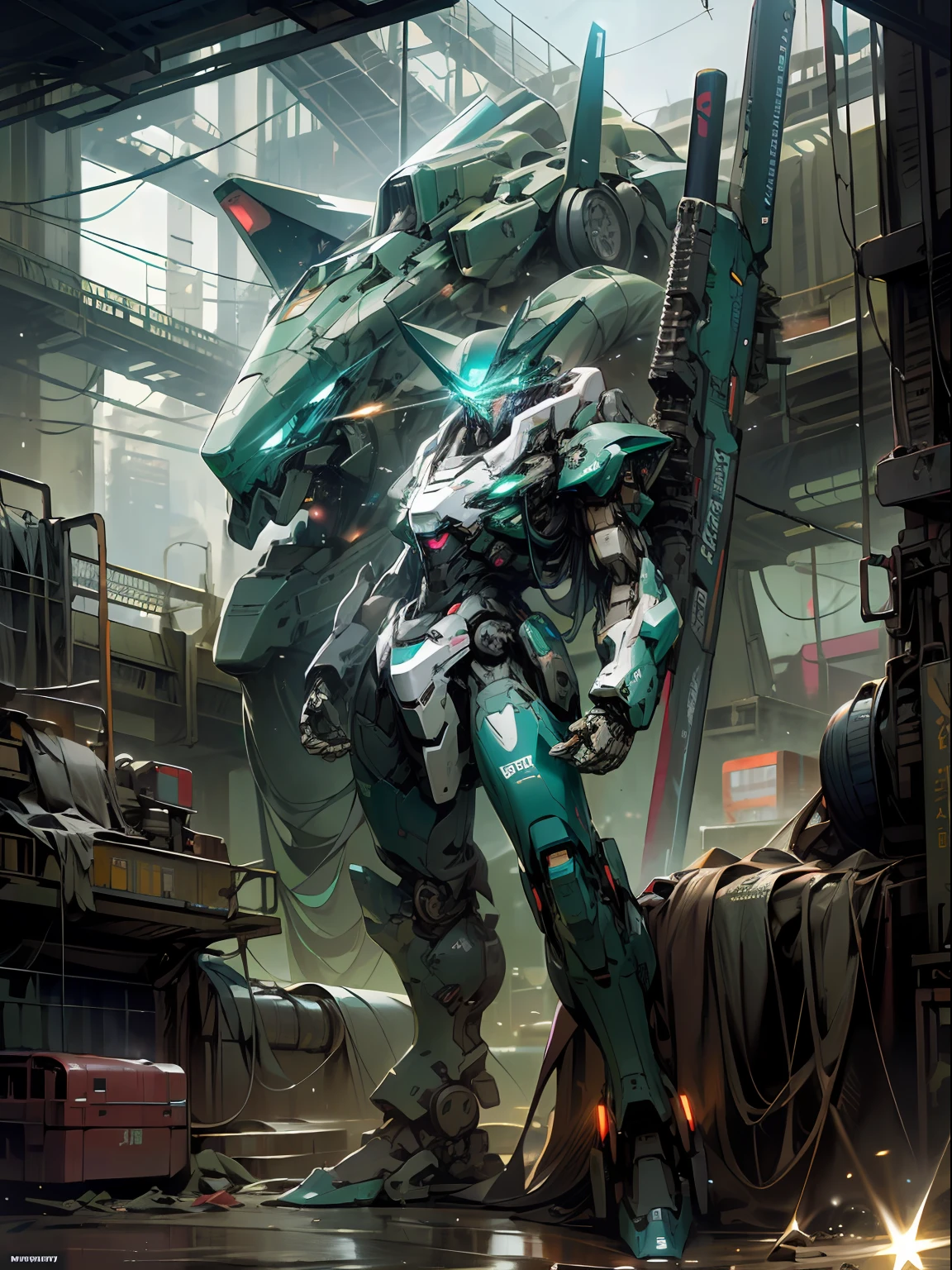stars, ruins, holding_weapon, wide view, fighting glowing, jetplane robots, building, glowing_eyes, blue green mecha, science_fiction, mechanical city, realistic,mecha,Milky Way Galaxy background,neon,cyberpunk,