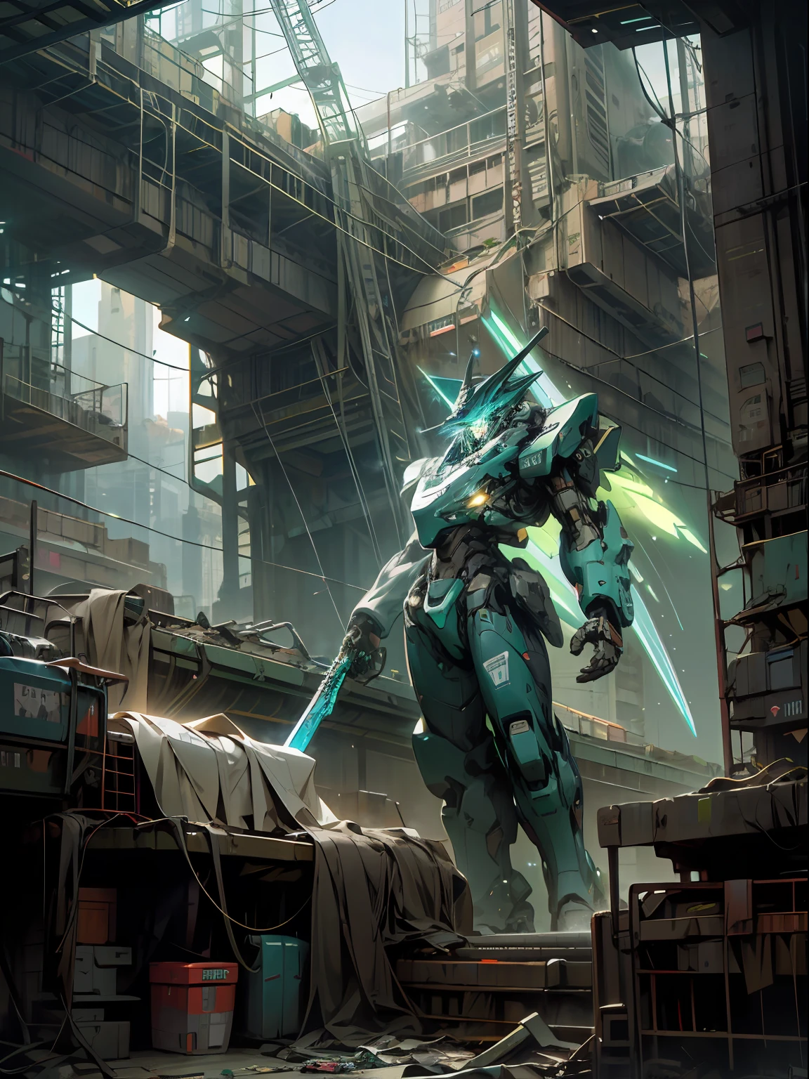 stars, ruins, holding_weapon, wide view, fighting glowing, jetplane robots, building, glowing_eyes, blue green mecha, science_fiction, mechanical city, realistic,mecha,Milky Way Galaxy background,neon,cyberpunk,