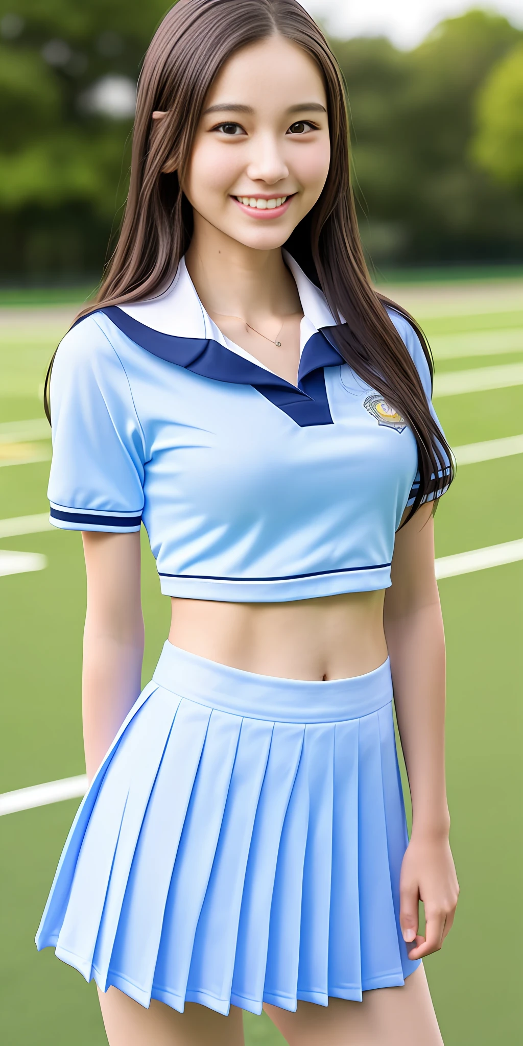 neat college girl, petite person, (school uniform, summer uniform, short sleeve), outside the athletic field, (slim), photorealistic, detail, skin texture, ultra detail, delicate sexy collarbone, smile, super detailed face, detailed lips, detailed eyes, double eyelids, breast enhancement