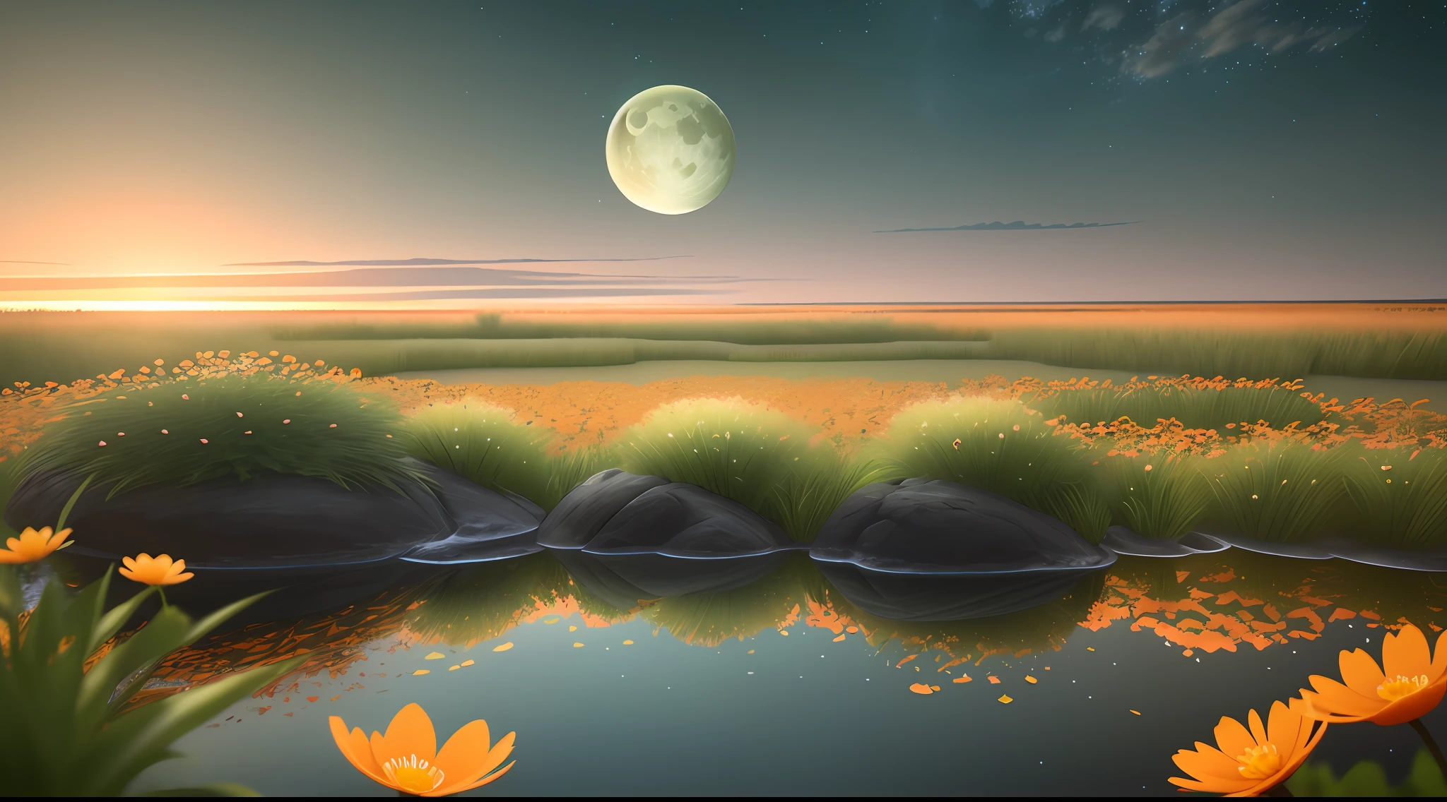 Imagine a early morning light orange sky when sun is not visible and moon is gone with almost transparent random clouds and few sprinkles of stars, a crystal clear water body with stones not deep enough edge are covered with green lush of grass just like shown in some animes, close up of a cosmos flower randomly and few scattered across field, 4k, realistic graphic, 3d, highest quality, most realistic, c4d.