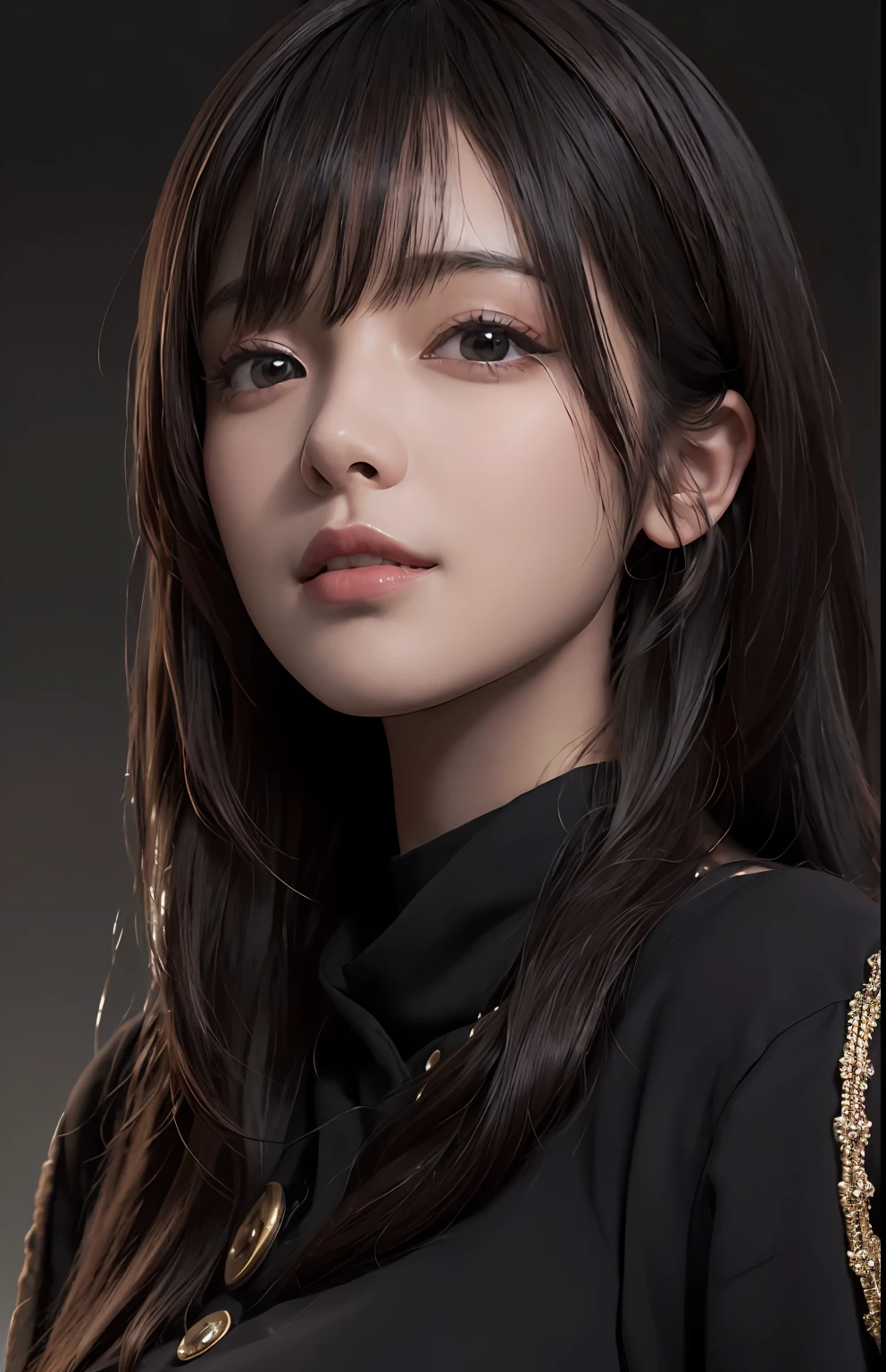 (Ultra Realistic), (Illustration), (Increased Resolution), (8K), (Extremely Detailed), (Best Illustration), (Beautiful and Detailed Eyes), (Best Quality), (Ultra Detailed), (Masterpiece ), ( wallpaper), (detailed face), solo, 1 girl, looking at viewer, fine details, detailed face, in the dark, deep shadows, low key, pureerosfaceace_v1, smiling, long hair, black shawl straight hair , 46 points oblique bangs