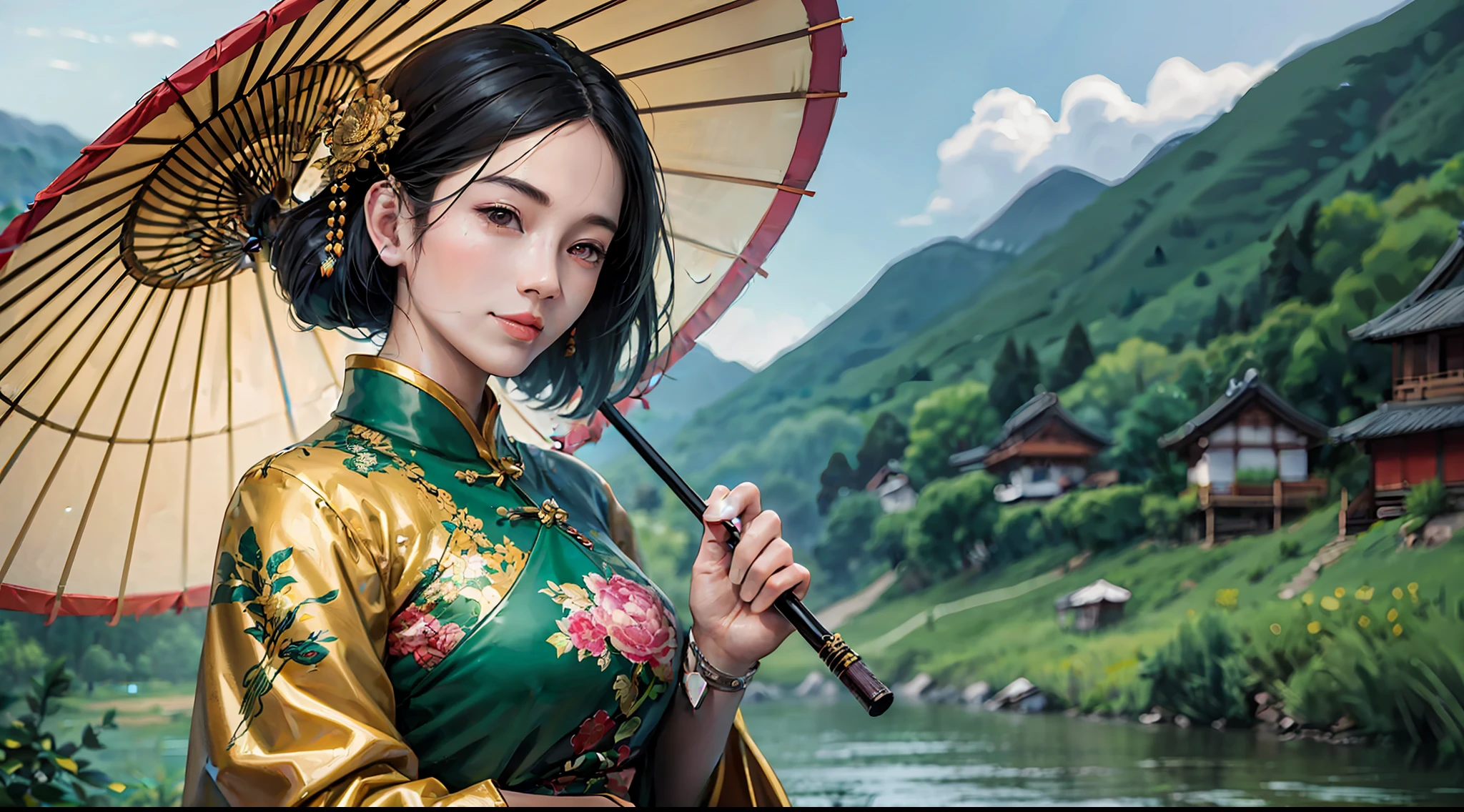 Chinese ink painting scene, villages, Jiangnan, mountain and river scenery, background blurry, woman wearing dark green qipao and umbrella, antique hairpin, golden ratio figure, plump and mature, bad smile, face tight, delicate fingers, light rain, roadside shooting, Canon, high-definition, panoramic, masterpiece, 4K, full HD, morning lighting, very detailed, high detail, textured skin, atmospheric distance feeling