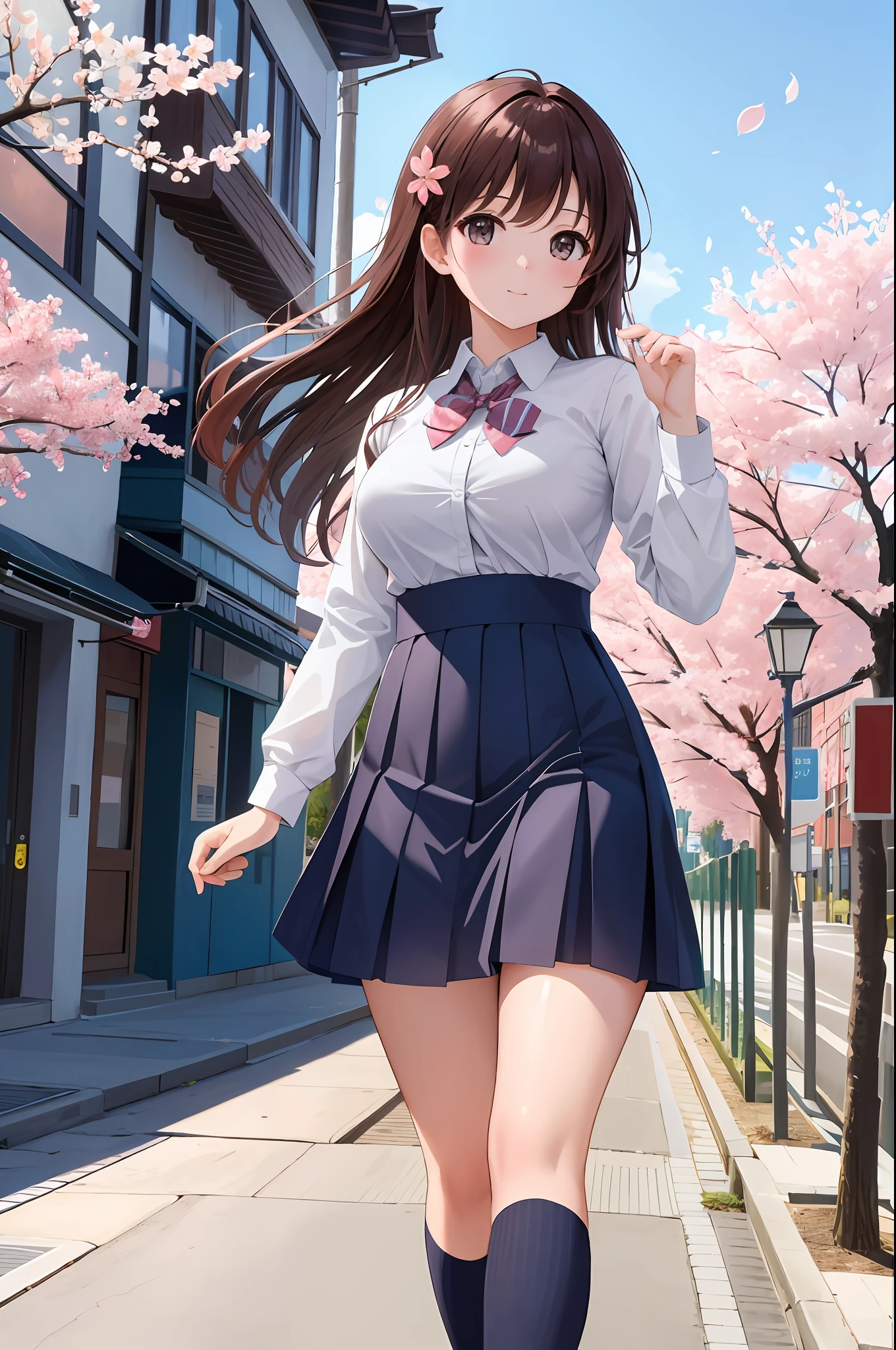 masterpiece, best quality, high resolution, extremely detailed, detailed background, cinematic lighting, 1girl, cute, medium breasts, school uniform, skirtlift, public indecency, looking at viewer, buildings, outdoor, cherry blossoms, bokeh,