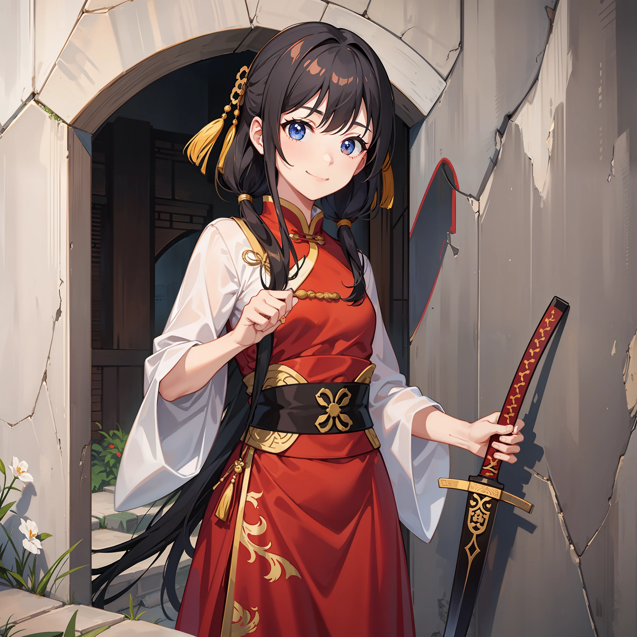 Chinese-style girl, under the city wall, holding a sword, smiling evilly