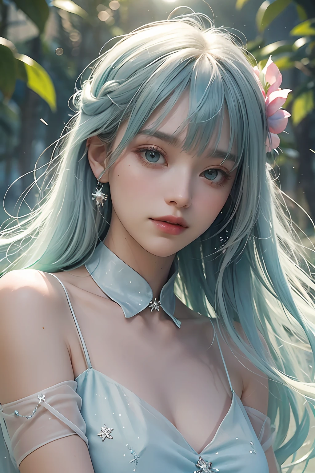 (Fluorescent color: 1.4), (Translucent: 1.4), (Vintage filter: 1.4), (Fantasy: 1.4), Candy World Disneyland Ethereal Soft Fluffy Soft Landscape Forest Snowflake Pale Pink Sky Green Blue Hair, ((Coiled Hair)), Light Blue, Sparkling Ethereal Light Soft Whimsical Light Diamond Sparkle Gemstone Background Ultra Realistic Ultra-high quality cinematic lighting Huge details Full HD painting Well lit, diagonal bangs,
Collared dress, sides
Masterpiece, Best Quality, Real Skin, (Portrait: 1.5), 1 Girl, Blunt Bunch Bangs, Long Hair, Sea of Flowers, Smell Flowers, Wear Flowers on Head, Smile