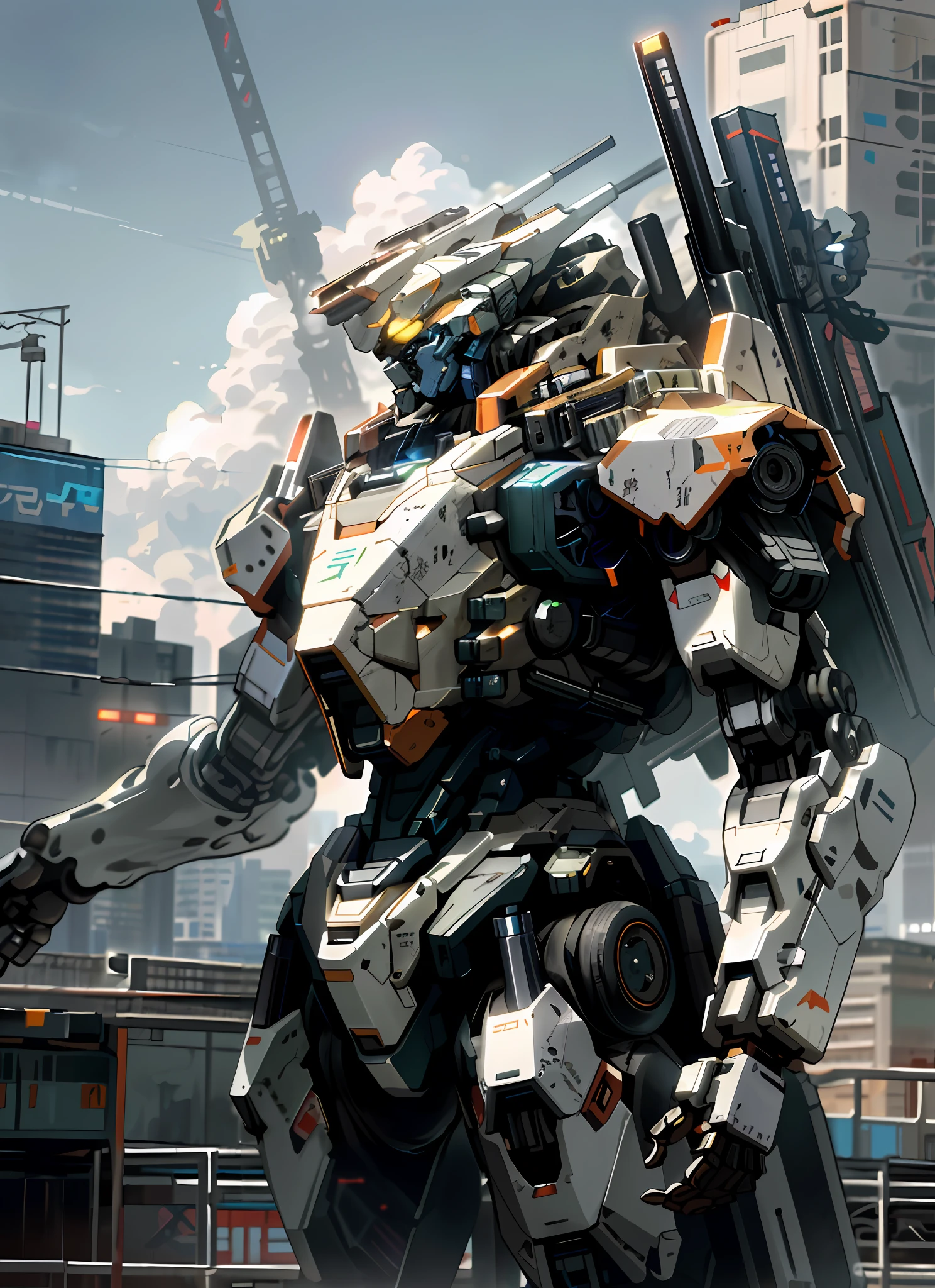 arafed robot with a gun in a city setting, craig mullins style, cool mecha style, full body mech, mecha suit, hq 4k wallpaper, titanfall 2 game, mech suit, mech robot futuristic, titanfall, inspired by Craig Mullins, anthem game inspiration, battlemech, titanfall 2, an anime large mecha robot