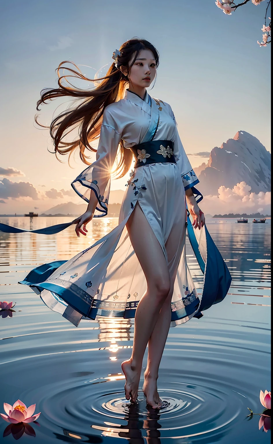 ru qun,hanfu, hexagon, 1 girl, mid shot, full body, (bottle bottom:0.9),.1girl, standding, goldfish, masterpiece, colorful, hyper detail, intricate details, best quality, (extremely detailed CG unity 8k wallpaper, masterpiece, best quality, ultra-detailed, best shadow), (beautiful detailed face, beautiful detailed eyes), High contrast, (best illumination, an extremely delicate and beautiful), (girl:1.5), ((cinematic light)), dramatic light, solo, one side up, dynamic angle, beautiful detailed glow, full body, many peach blossoms, peach tree, fog, Behind is the peach blossom, lotus leaf, many lotus leaves, lotus flower,.seabed, underwater, floating hair, floating clothes, many peach blossoms, peach tree, fog, Behind is the peach blossom,.((reflection)),blue sky, (Depth of field),barefoot,((reflection)),blue sky, Smiling expressions, Black medium length hair,Looking at viewer, one side up, dynamic angle, blue sky, white clouds, seaside,.black hair, medium long hair, sky, dramatic lighting,.floating petal, beautiful detailed water, cloud, beautiful detailed cloud, .