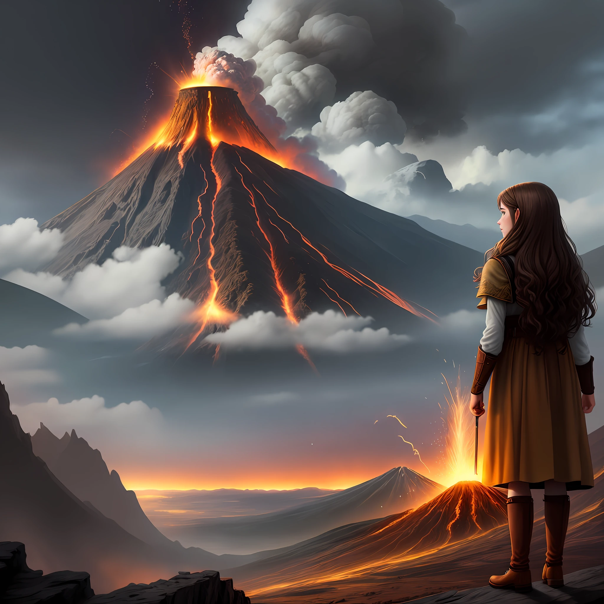Drawing, fantasy, realism, high detail, cliff, 26 year old girl with wavy brown hair, standing by an erupting volcano, 8kk